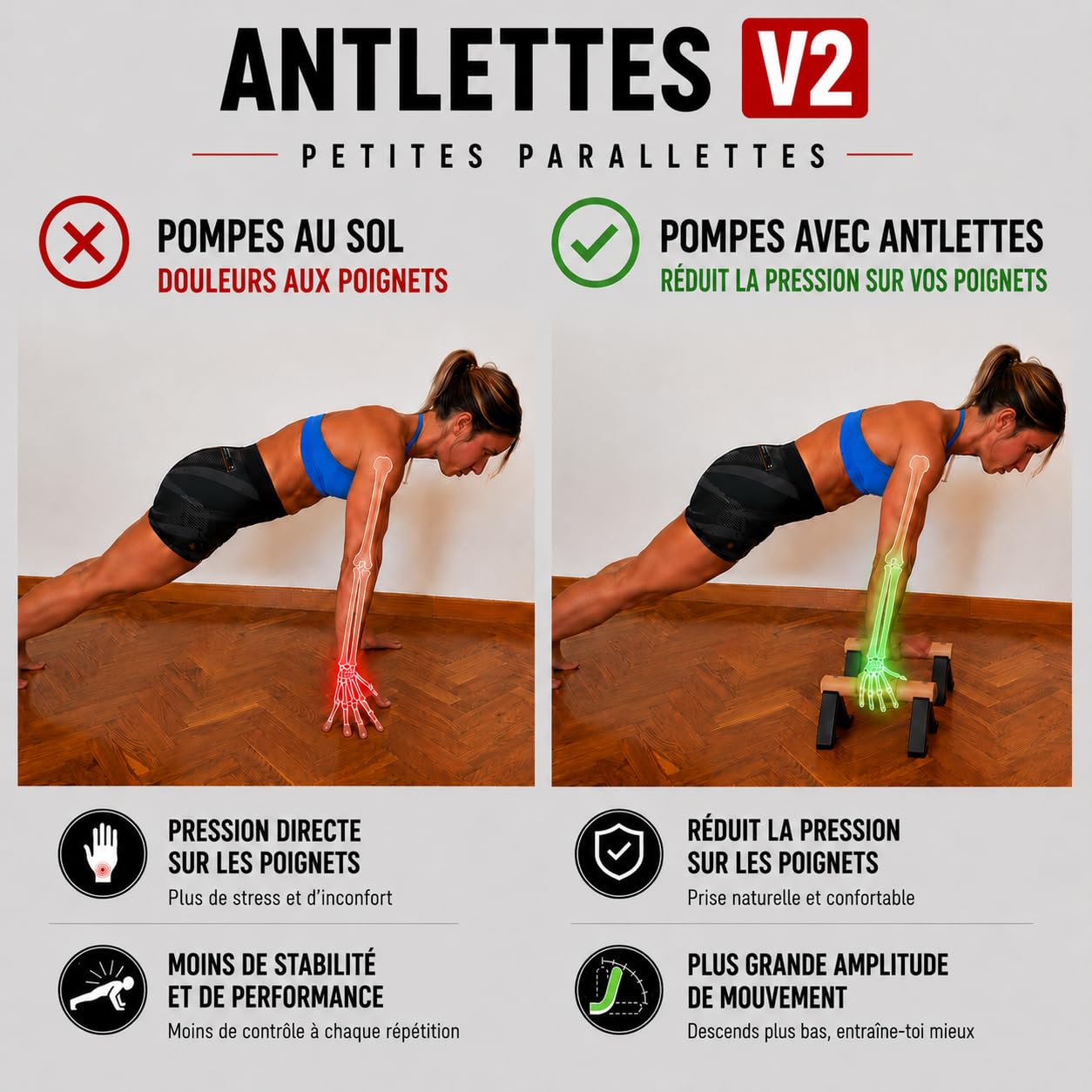 Barres Parallèles de Callisthénie Antlettes V2 en Bois et Acier | Parallettes Antidérapantes pour Pompes, Handstand, L-Sit et Équilibre | Entraînement à Domicile