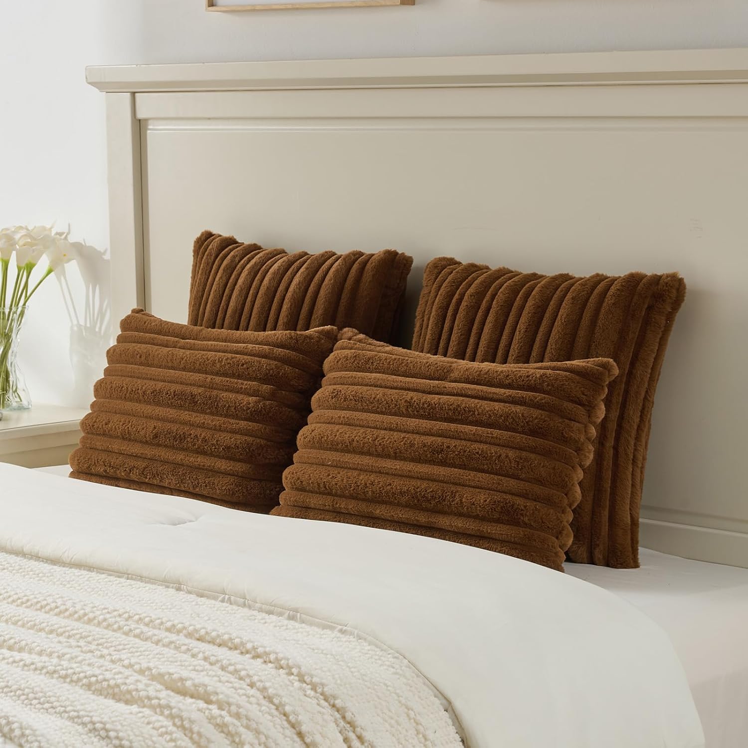 FUTEI Brown Decorative Throw Pillow Covers 18x18 Inch Set of 2,Soft Fluffy Faux Rabbit Fur Thick & Thin Striped Textured Cushion Case,Modern Home Decor for Couch Bed Living Room - Image 6