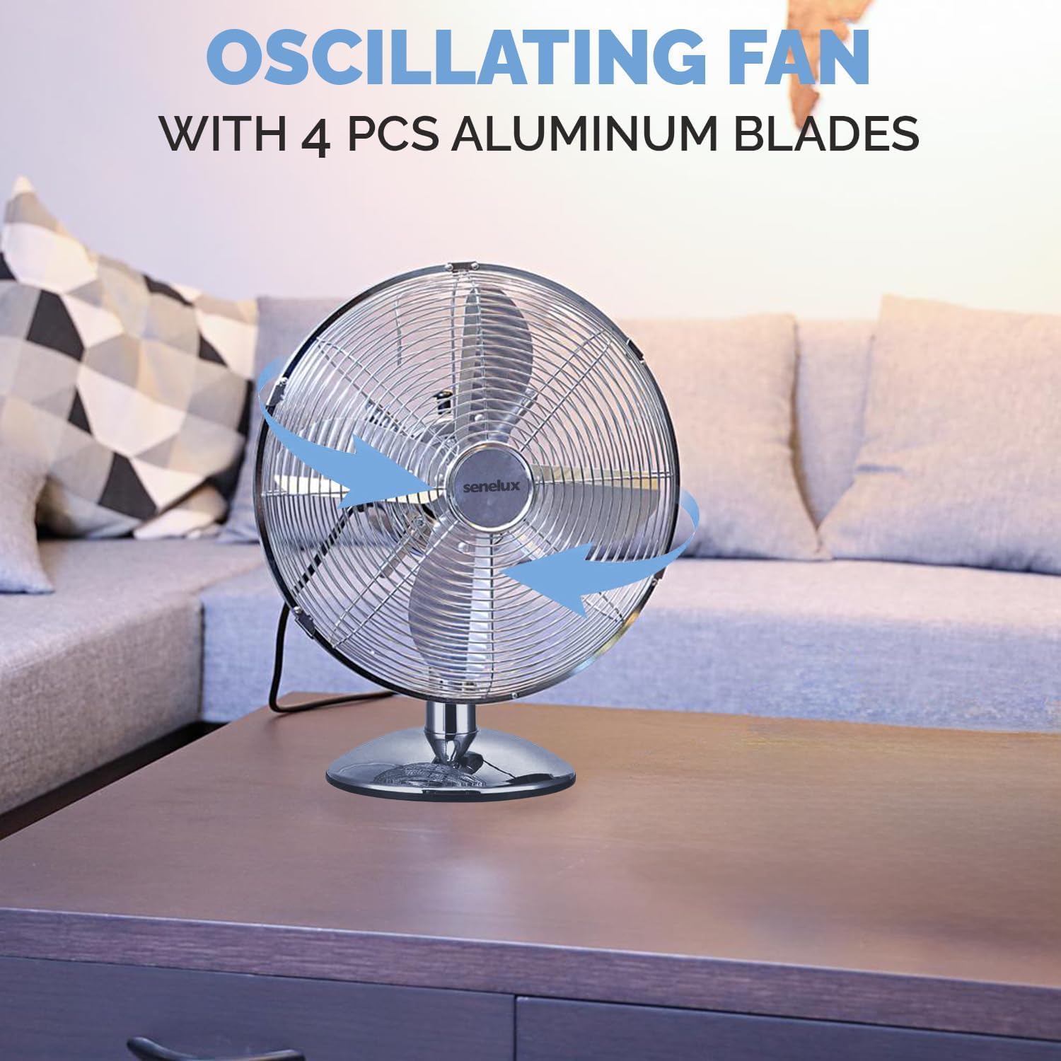 Senelux 30 cm (12 Zoll) Chrom-Tischventilator, 3 Geschwindigkeitsstufen, leiser Betrieb, oszillierend, stabiler Standfuß, Tisch-/Nachttischventilator, Retro-Chrom-Design, ideal für Zuhause und Büro