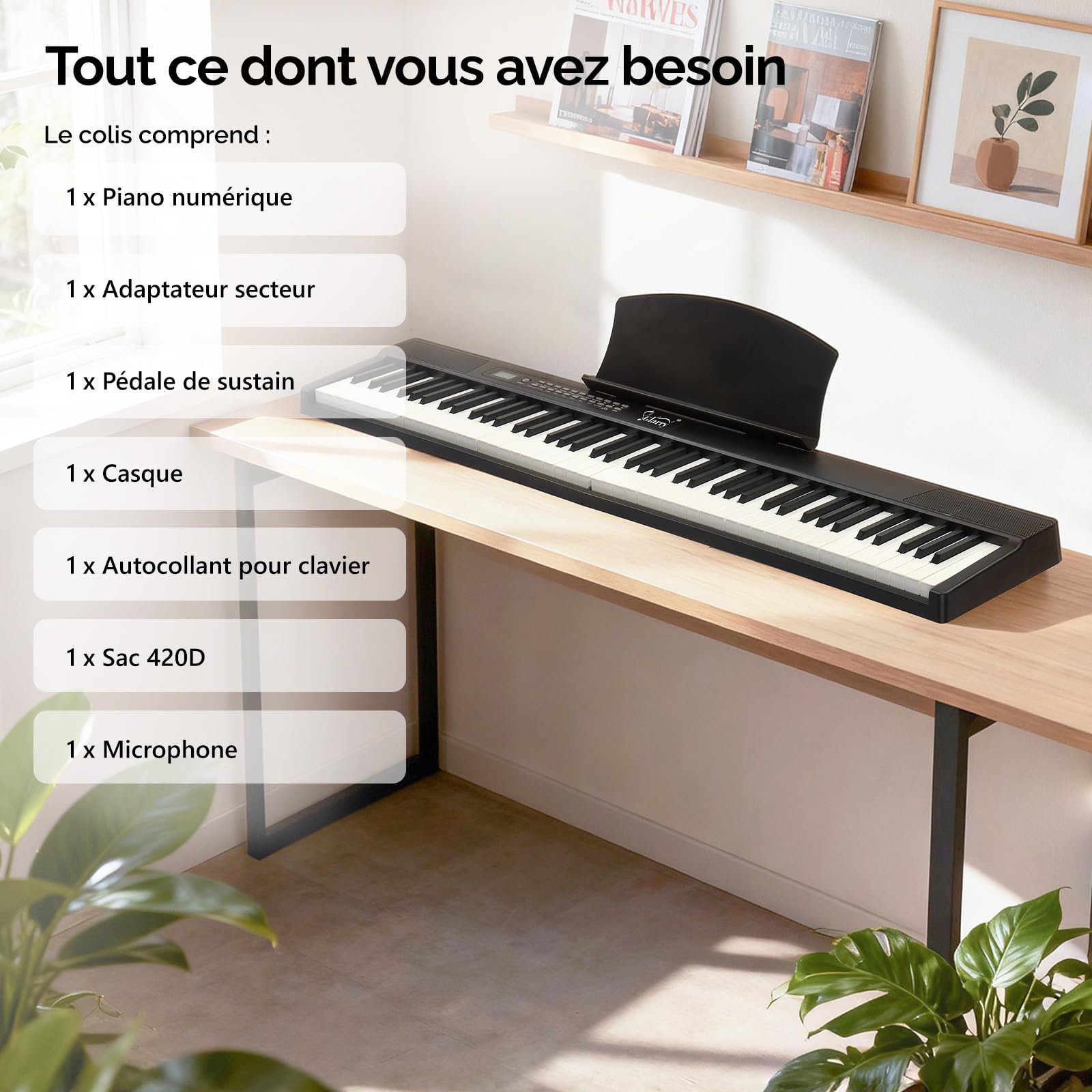 Bonnlo Piano Numérique Pliable GPPS01-106 à 88 touches, Clavier Semi-Lesté Standard, avec MIDI, Bluetooth, Sac à Main et Casque Audio Inclus, Noir