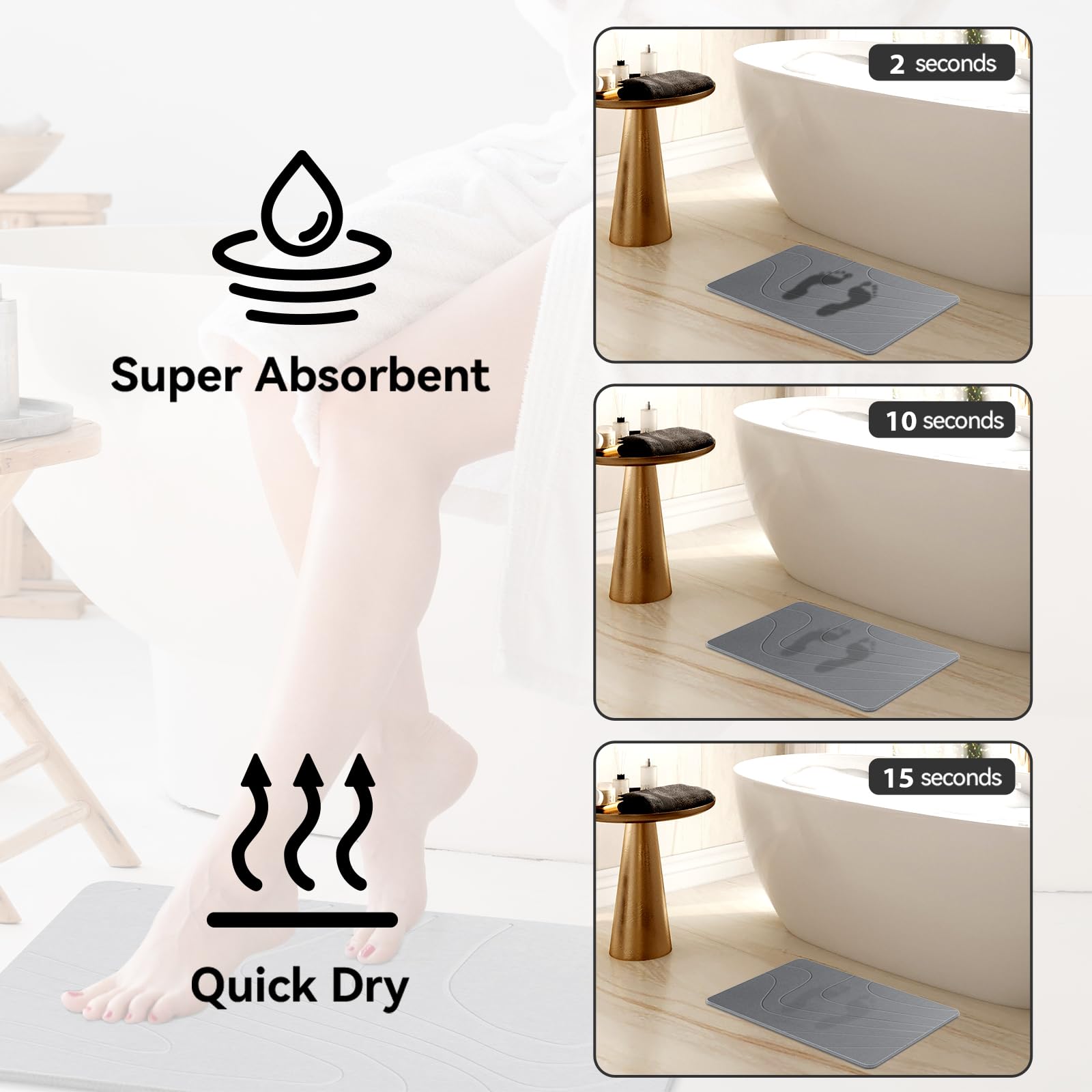 Tapis de bain en pierre, tapis de douche terre de diatomées | Tapis de sol antidérapant à séchage rapide, super absorbant, gris, 60 x 39,4 cm