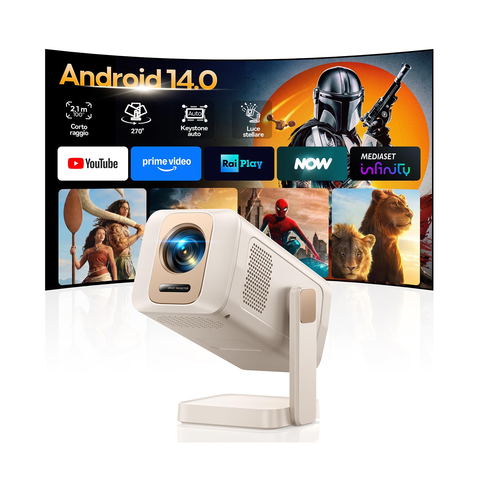 【App integrate】Mini Proiettore Portatile Tiro Corto Auto keystone Rotazione a 270°, Videoproiettore controllo vocale/phone, WiFi 6 Two-Way BTH 5.4, WiMiUS Projector supporto 4K 1080P per casa/esterni