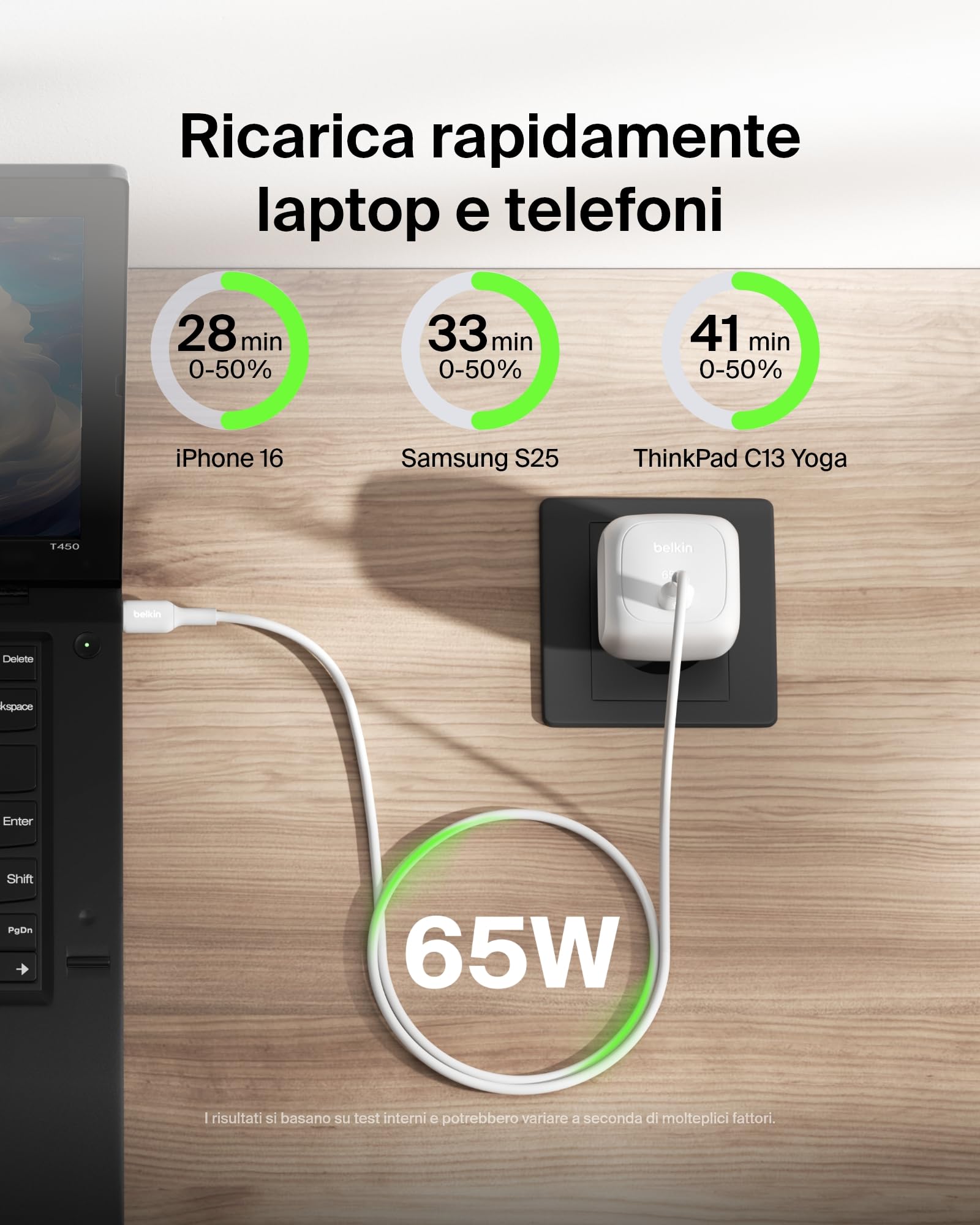 Belkin Caricatore USB-C da 65 W, Ricarica rapida, Caricatore da muro USB-C per telefono, funziona con iPhone 16-15-14-13, Galaxy S25, Google Pixel 9, MacBook, iPad, AirPods, Chromebook ecc - Bianco