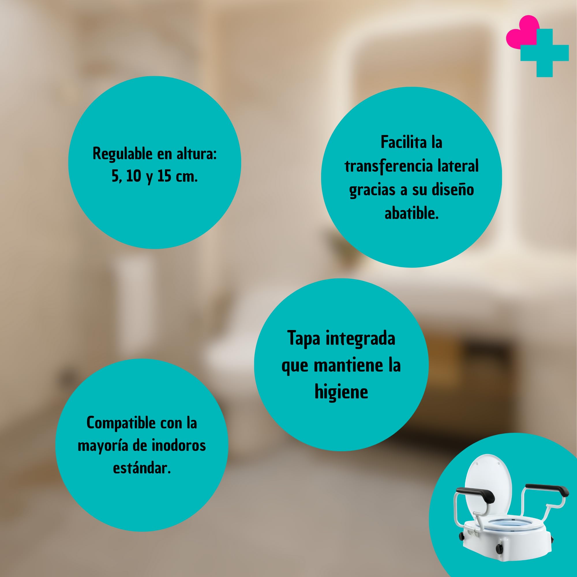 Asiento Elevador Inodoro Regulable 5-15 cm con Brazos Abatibles. Alzador Baño Adultos con Reposabrazos. Elevador WC Adulto con Reposabrazos para Personas Mayores
