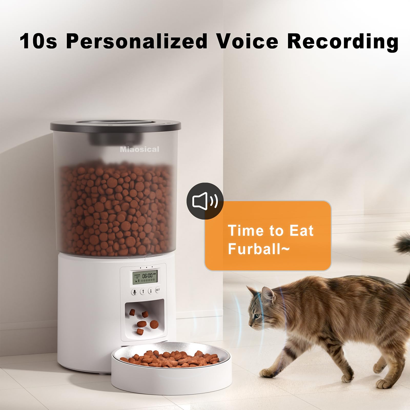 4.2L Automatic Cat Feeder,6 Meals/Day,Dual Power,Dry Pet Food Autofeeder Portion Control,Timer Setting,10S Voice Record (Transparent White, Stainless Steel Bowl) - image 4