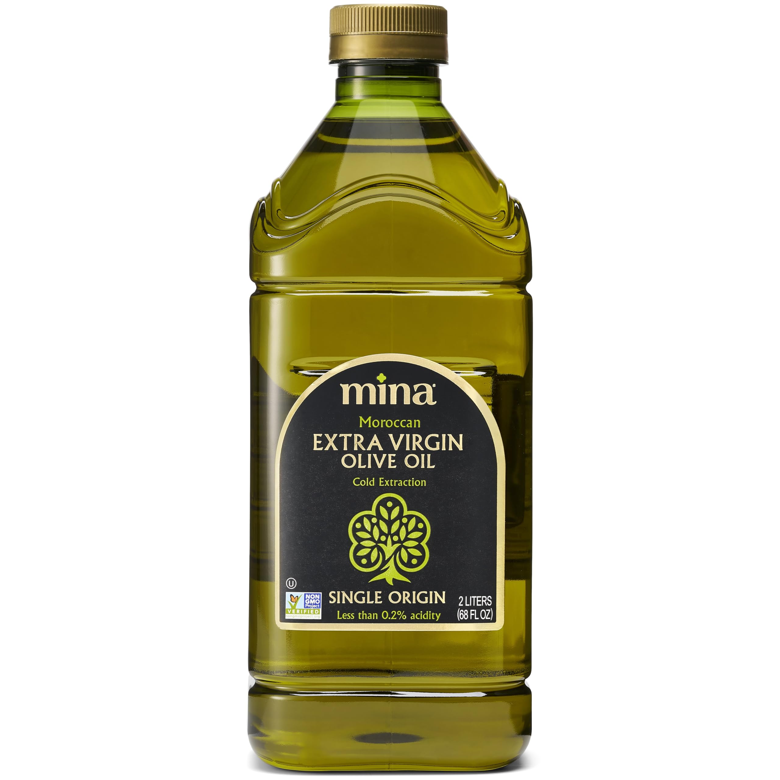 Mina Olive Oil Extra Virgin 68 Fl Oz, New Harvest, Polyphenol Rich Moroccan Extra Virgin Olive Oil, Single Origin, Early Harvest, Cold Extraction, Less than 0.2% Acidity, 2 L