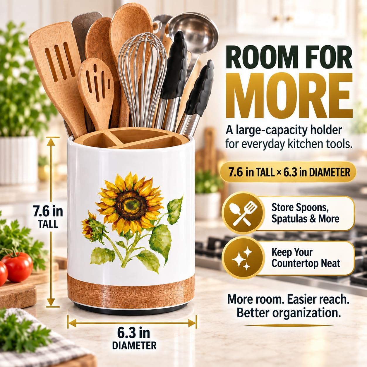 7.6" Utensil Holder 360° Rotating Removable Compartment (Sunflower)