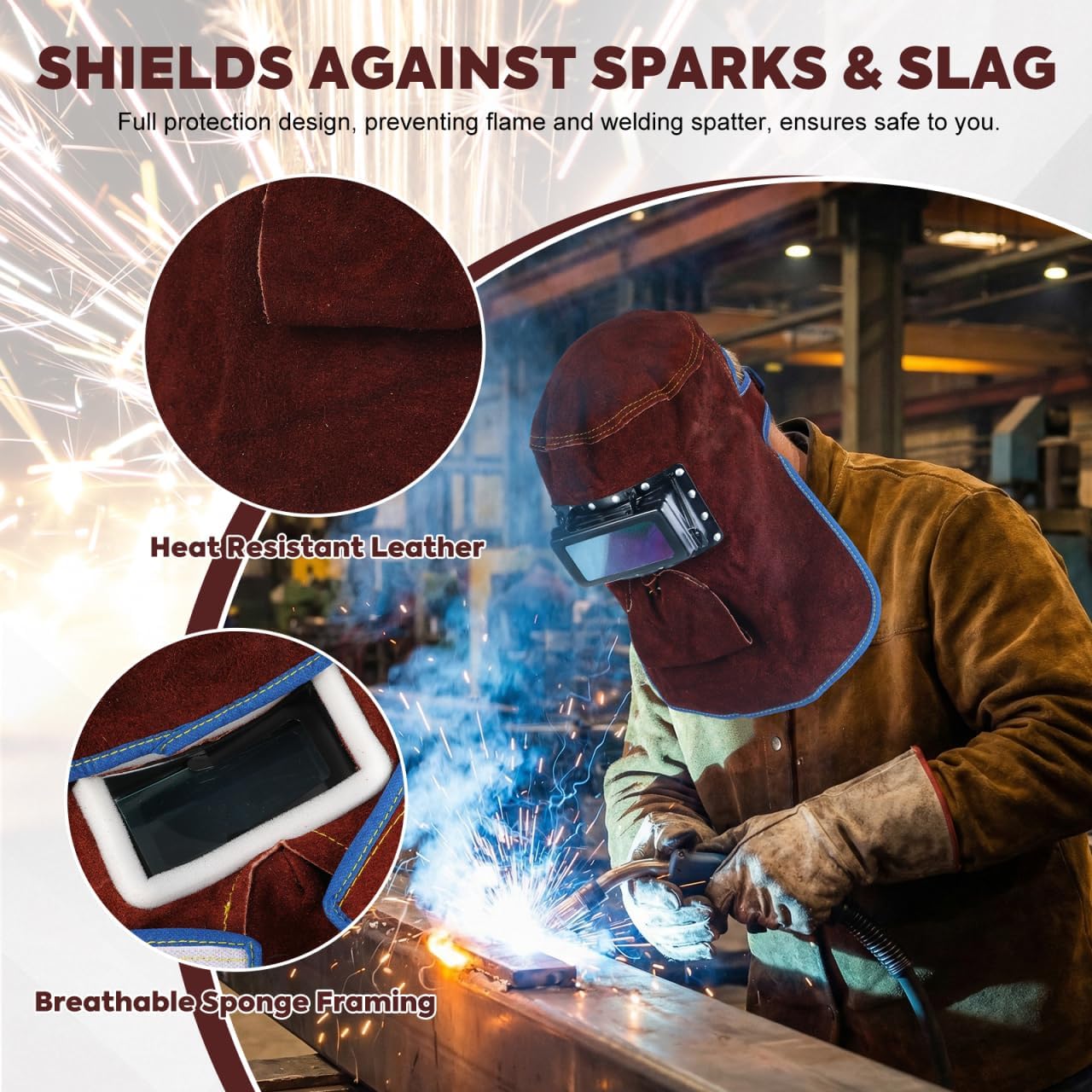 Angoily Welding Helmet Mask with Flip Open Lens, Leather Welding Hood Work Hat Protective Gear Mask Work Cap Head Face Neck Shield | Sweat Absorption | Breathable | Heat Resistant