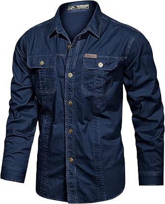Eisctnd Mens Long Sleeve Cotton Work Shirt Loose Fit Safari Cargo Shirts