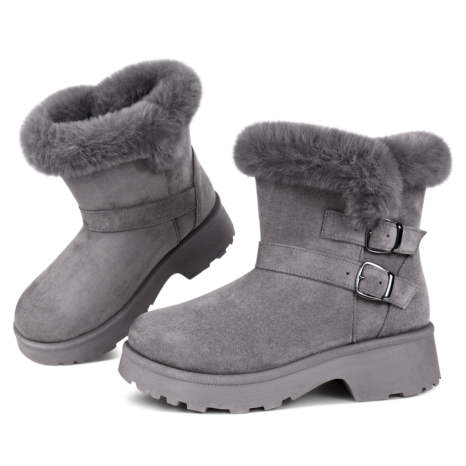 Platform Womens Ankle Winter Boot Chunky Low Heel Snow Boots With Fashion Buckle Slip-On Cozy Outdoor Short Booties