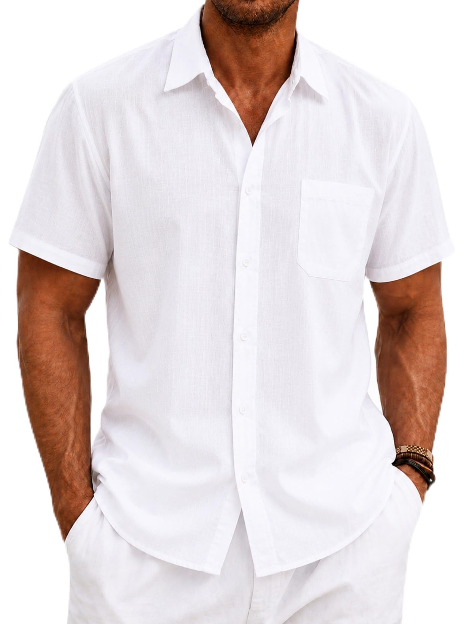 Chemise Homme à Manches Courtes, en Coton-Lin, avec Poche, Chemise Décontractée de Plage d’Été