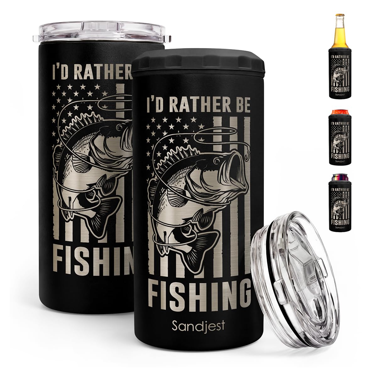 I'd Rather Be Fishing American Flag Can Cooler 12oz - Travel Mug Cup - Stainless Steel Insulated for Men Fishermen - Tumbler Cans Koozie, Gift for Dad Brother Christmas, Birthday, Father's Day