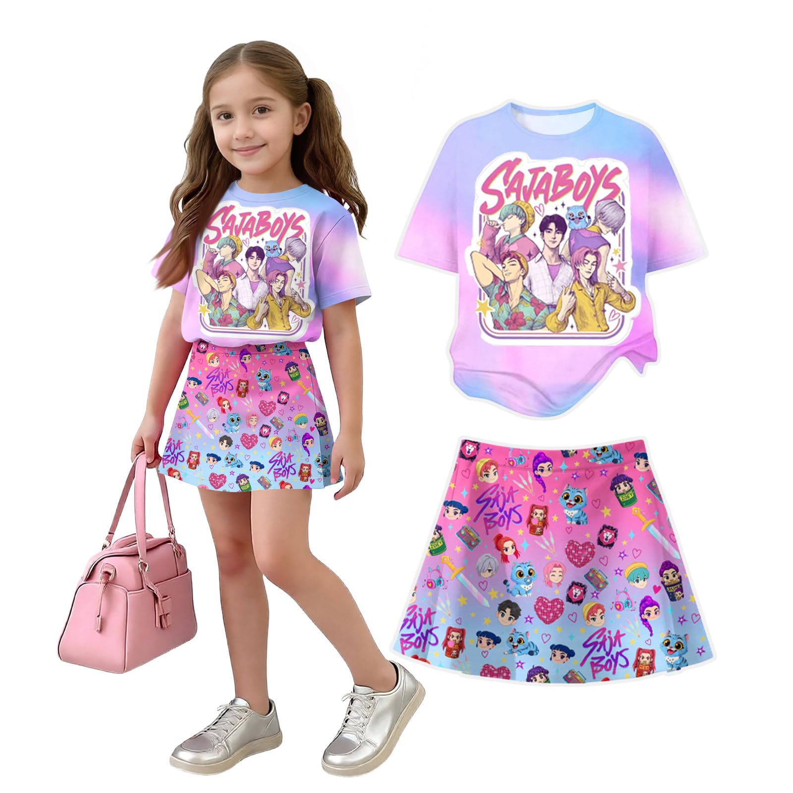 K Pop Short Sleeve T-Shirt and Skirts Outfits Set for Girls Hunters Girl's Anime Graphic Tees De-Mon Summer Sets — view 36