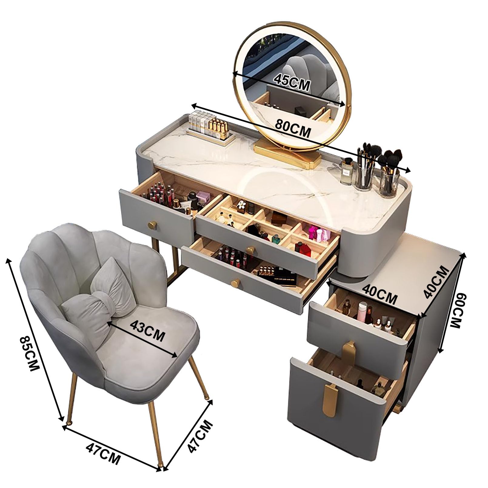 Moderne kaptafel met LED-verlichting verstelbare helderheid spiegel 6 laden planken kruk make-up bureau voor slaapkamer Moderne kaptafel met LED-verlichting verstelbare helderheid spiegel 6 laden planken kruk make-up bureau voor slaapkamer