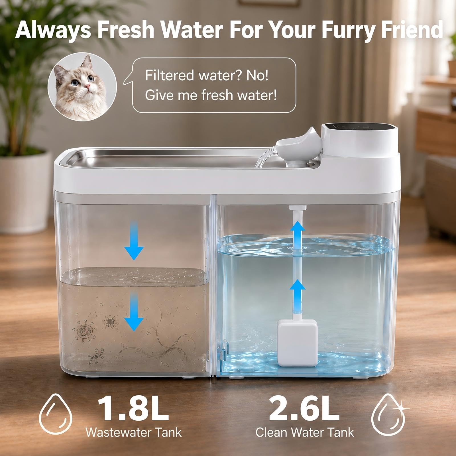 Fuente de agua para gatos sin filtro, separación de aguas residuales, fuente de agua para gatos sin filtros, inalámbrica y fuente de agua para mascotas de 180 días de funcionamiento