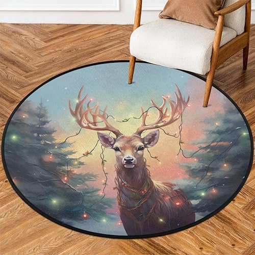 Christmas Tree Animal Reindeer (4) Round Area Rug 3ft Machine Washable Circular Rugs for Dining Room Table Bedroom Playroom Throw Rugs for Dog