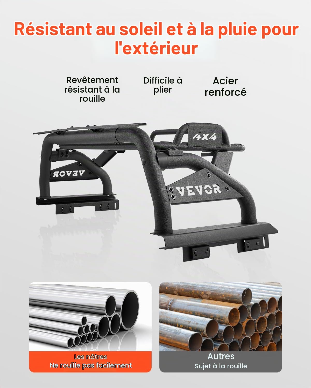 VEVOR Arceau de Sécurité Arrière pour Pick-up, Barre de Benne Réglable Universel, Compatible avec Pickup Pleine Grandeur, en Acier au Carbone, avec Plateau Porte-bagages et Support pour Éclairage