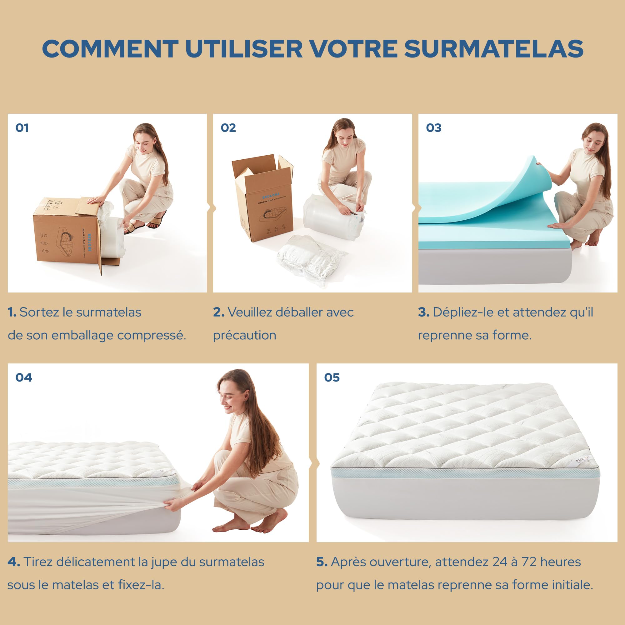 BEDLORE Surmatelas 140x190 cm, Surmatelas en Mousse à Mémoire de Forme Gel Respirant et Confort, sur Matelas 2 Personnes Grand Bonnet Extensible Jusqu’à 30 cm, Lavable en Machine, Blanc