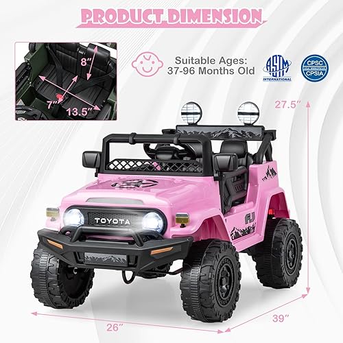 Miniatura 9 de HONEY JOY Camión de paseo rosa, auto eléctrico Toyota FJ con licencia de 12 V para niños, suspensión de golpes, luces LED y música, auto para niños