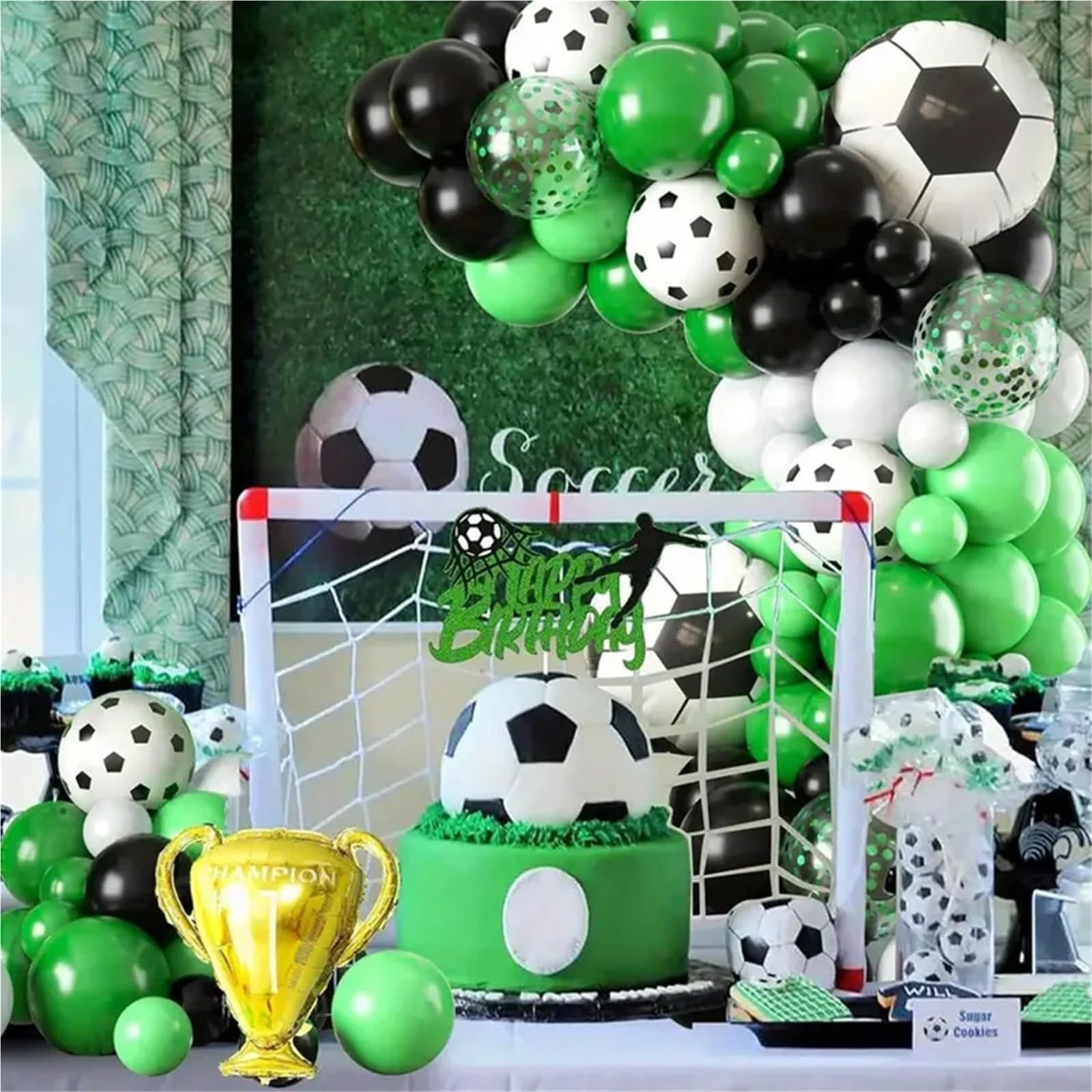 121 Uds. Kit de arco guirnalda globos látex negro, blanco y verde con tema fútbol for decoración fiesta cumpleaños boda para Fiestas
