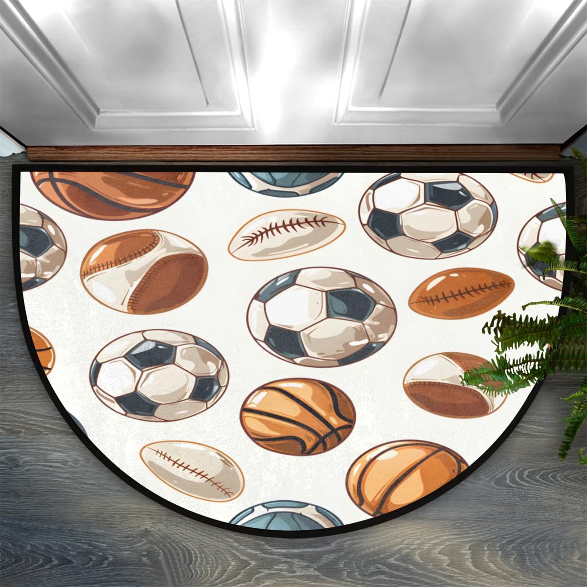 Sport Basketball Soccer Half Round Door Mat, Non-Slip Half Circle Mat Indoor Rug, Washable Area Rug Entrance Doormat for Kitchen Laundry Room 24 x 36 in