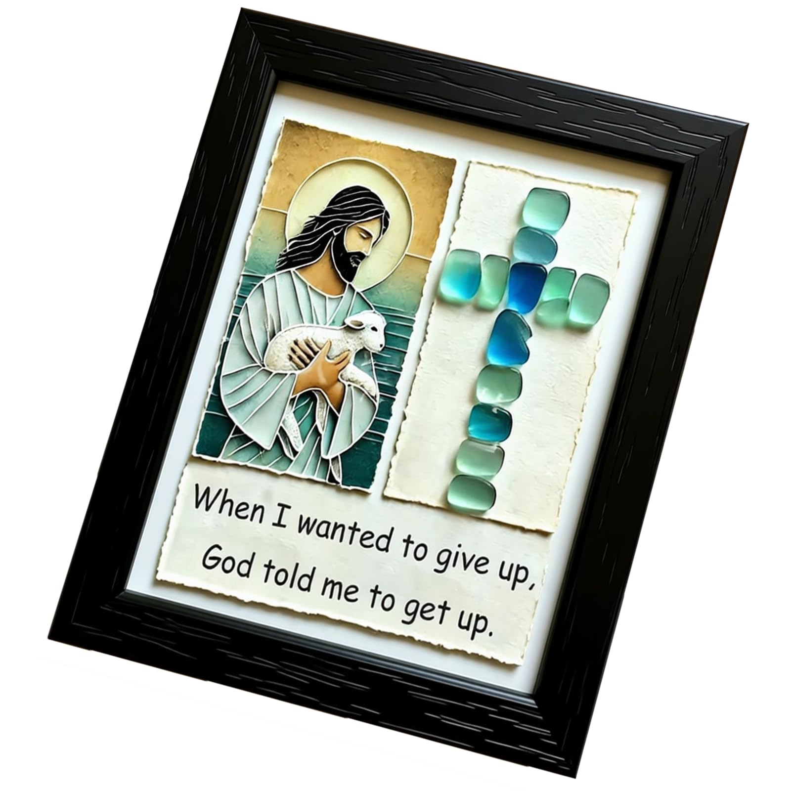 Tsophreniq Sea Glass Art Frame Jesuses Crucifix Sea Glass Wall Decors Religious Women Men Home Decors Crucifix Wall with Wood Frame