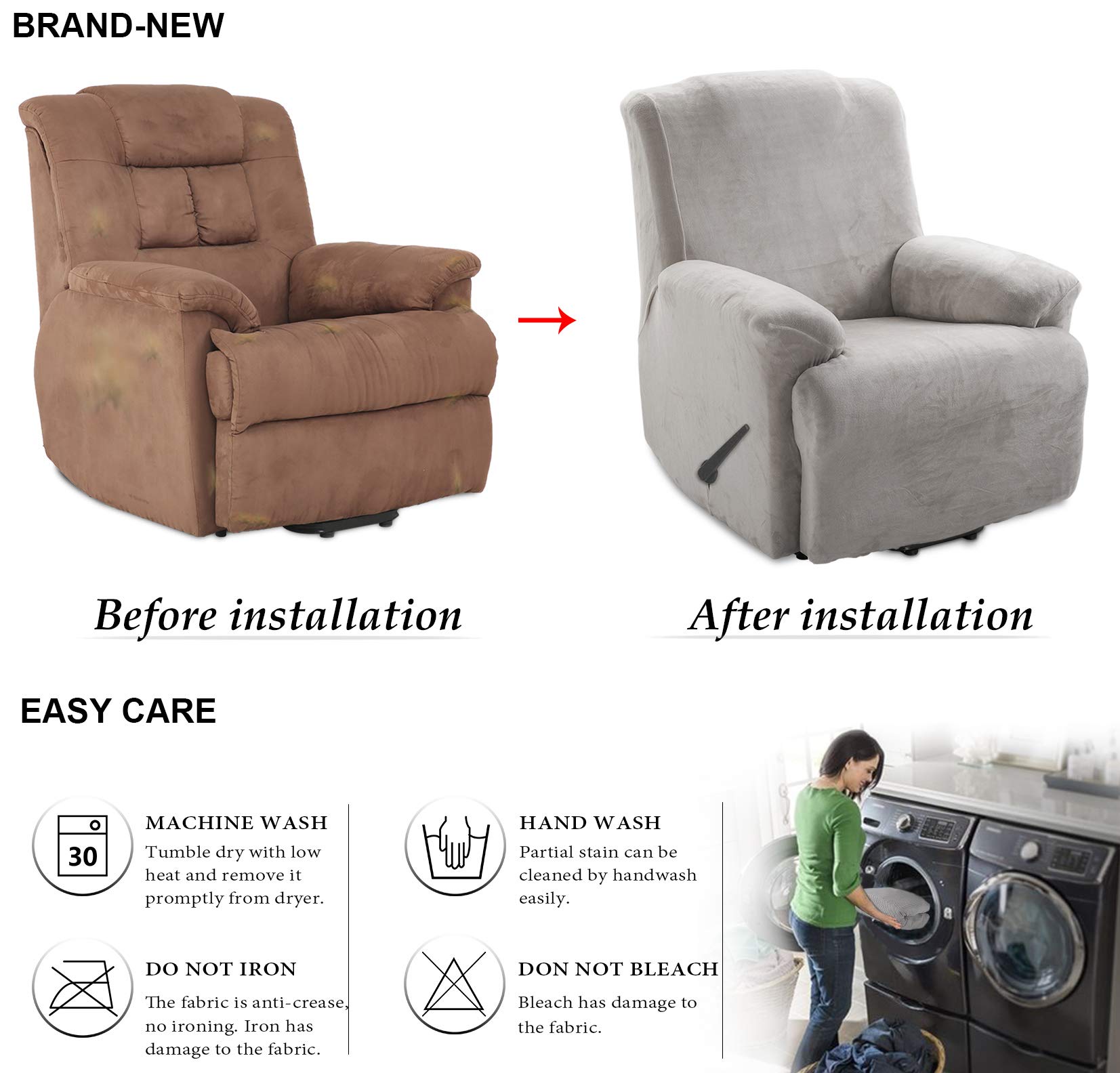 TIANSHU Samt Ruhesessel bezüge, Stretch Sesselschoner Elastisch Plush Couchbezug stilvolle Luxus-Möbelbezüge Anti-Rutsch-High Stretch Relaxsessel bezüge(Ruhesessel,Hellgrau)