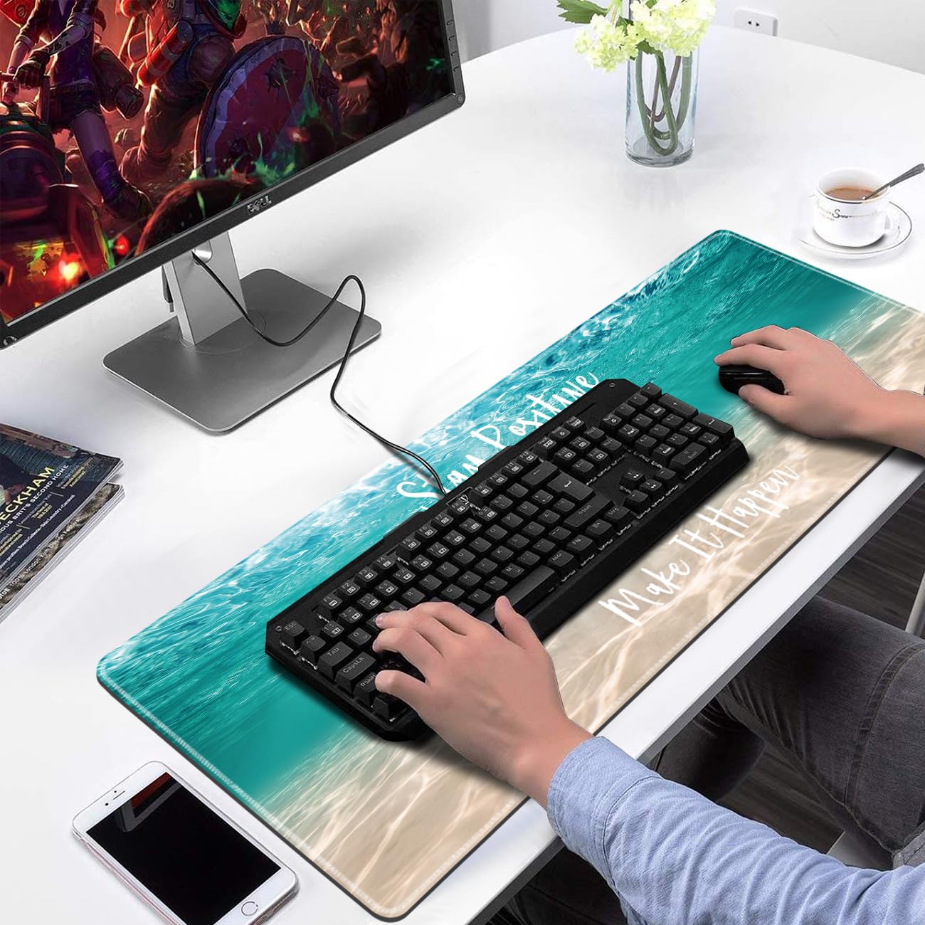 Alfombrilla de mouse extendida con bordes cosidos para computadora y teclado, 31.5 x 11.8 pulgadas, alfombrilla de mouse de escritorio – Stay Positive Work Hard Pink Glitter