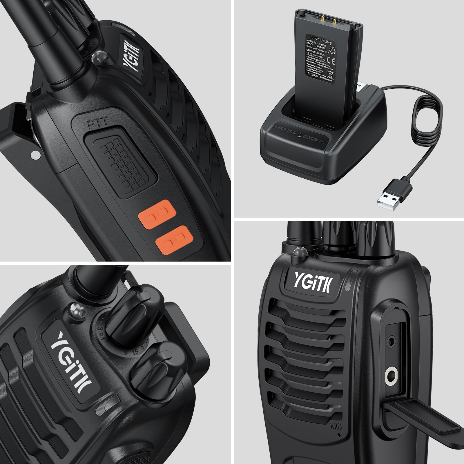 Walkie Talkies 4 Stück PMR446 16 Kanäle Professionelle Funkgerät Set | Lizenzfrei Wiederaufladbare Langstreckenradio mit VOX LED-Taschenlampe, Handheld, für den Außenbereich (2 Paar, Schwarz)