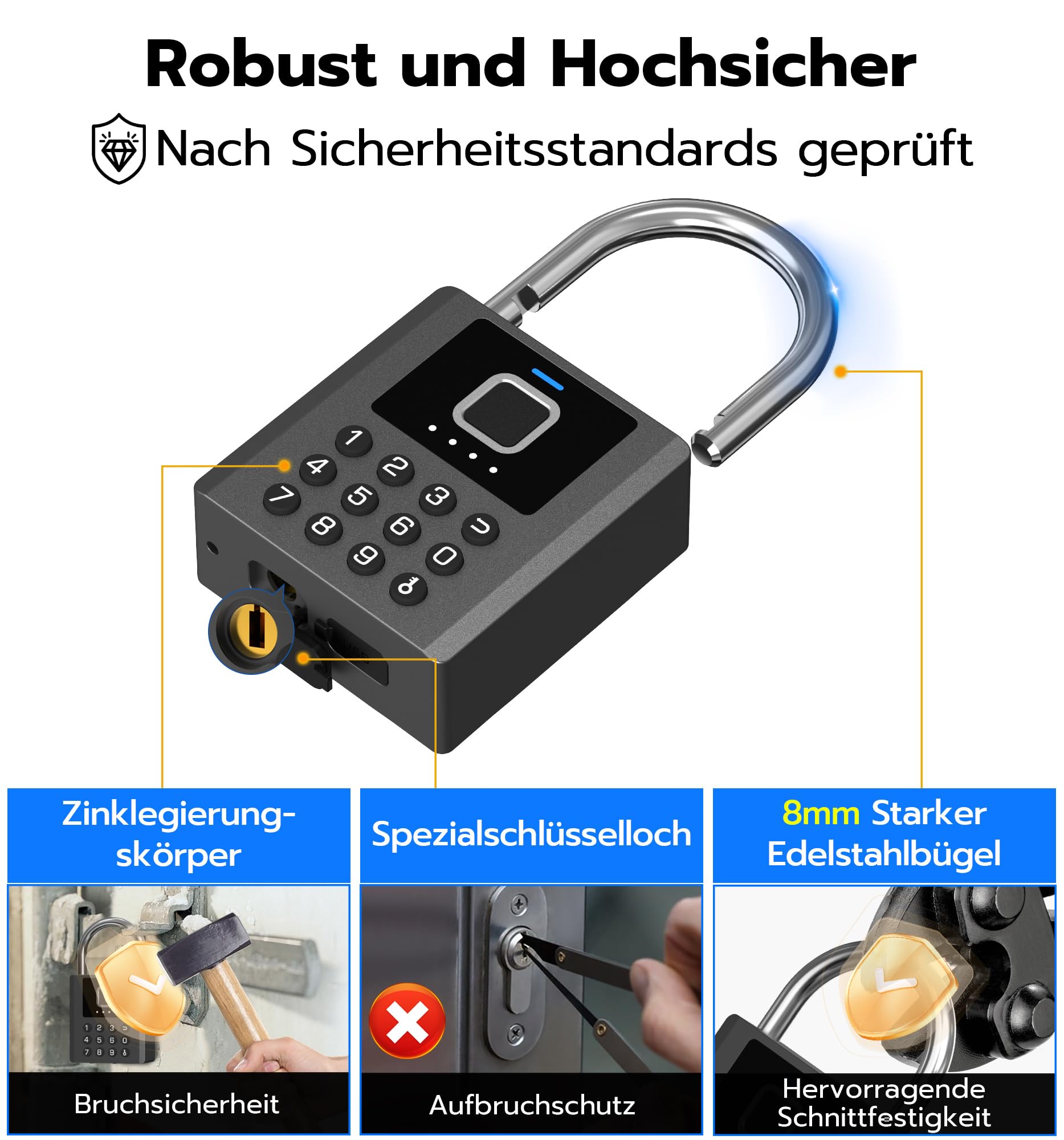 Smartes Fingerabdruck-Vorhängeschloss mit App & PIN-Code | 5-in-1 Öffnung mit Fingerabdruck, PIN, App, Apple Watch & Schlüssel. IP67 wetterfest, USB-C Akku für Garage, Garten & Spind.