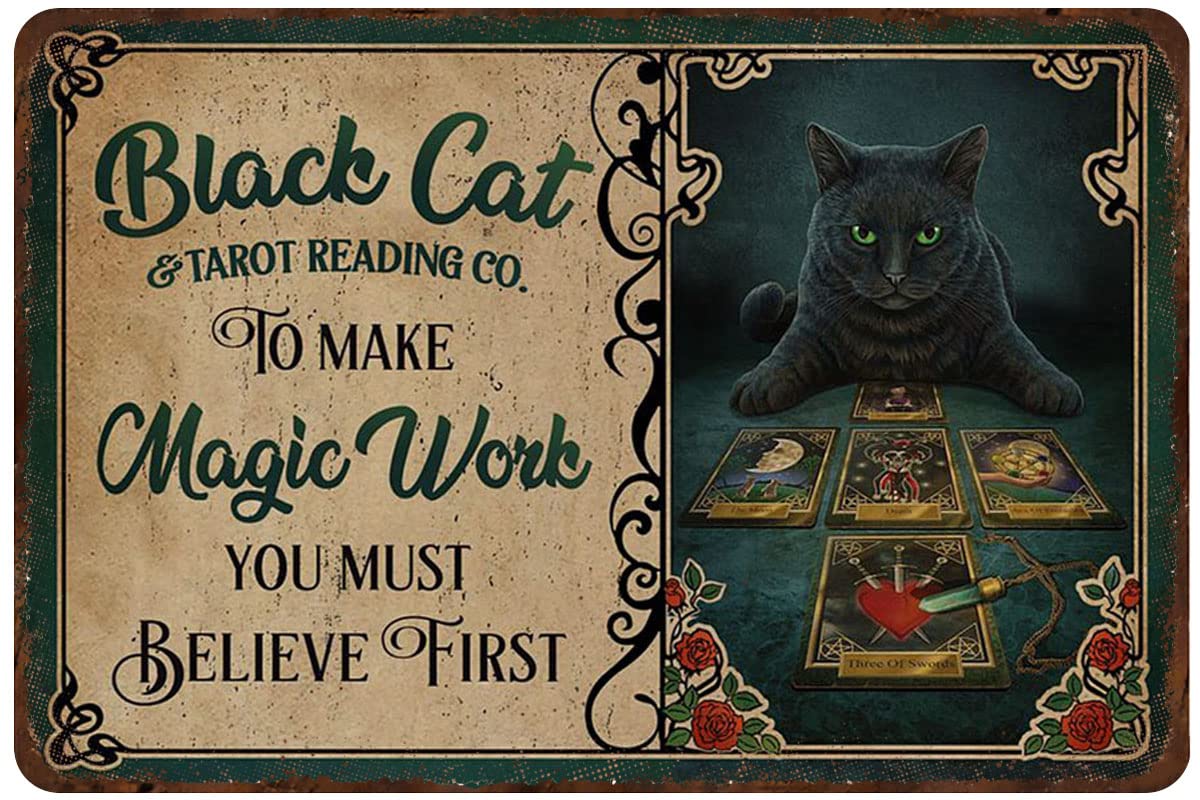Kisoyo Tin-17 Vintage Metal Tin Sign Black Cat Tarot Reading Co Poster Novelty Metal Sign For Home Kitchen Bathroom Parlor Courtyard Wall Decor 8X12 Inch