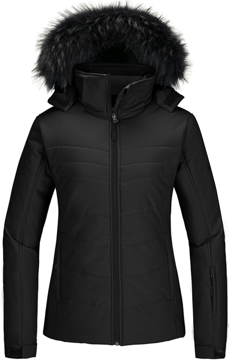 Skieer Chaqueta de esquí para Mujer Abrigo de Invierno con Capucha Gruesa y cálida Impermeable | Impermeable 10000mm,A prueba de viento,Aislamiento cálido,Capucha de piel sintética extraíble,5 bolsillos,Esquí,Snowboard,Senderismo,Uso diario