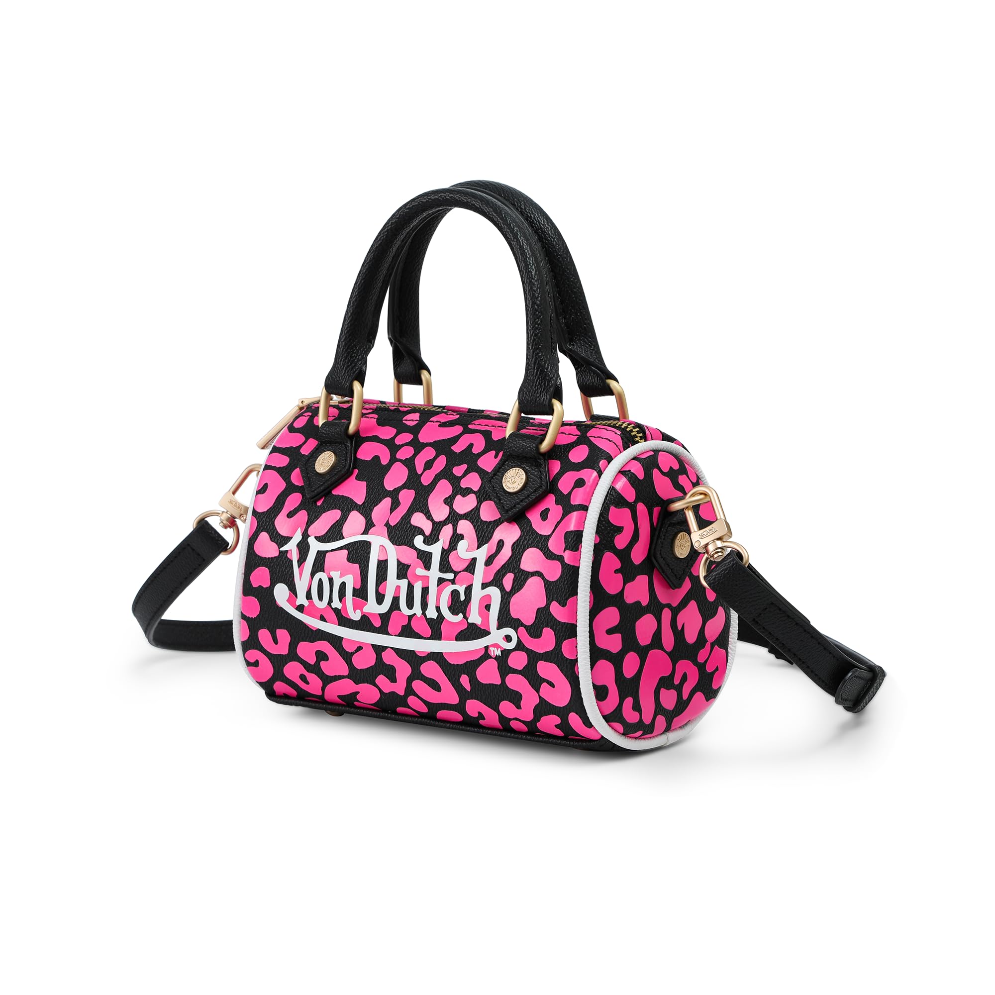 Von Dutch Hanna Cheetah Print Bag | 6.5” Vegan Leather Mini Crossbody with Logo Hardware, Top Handles & Zipper Pouch