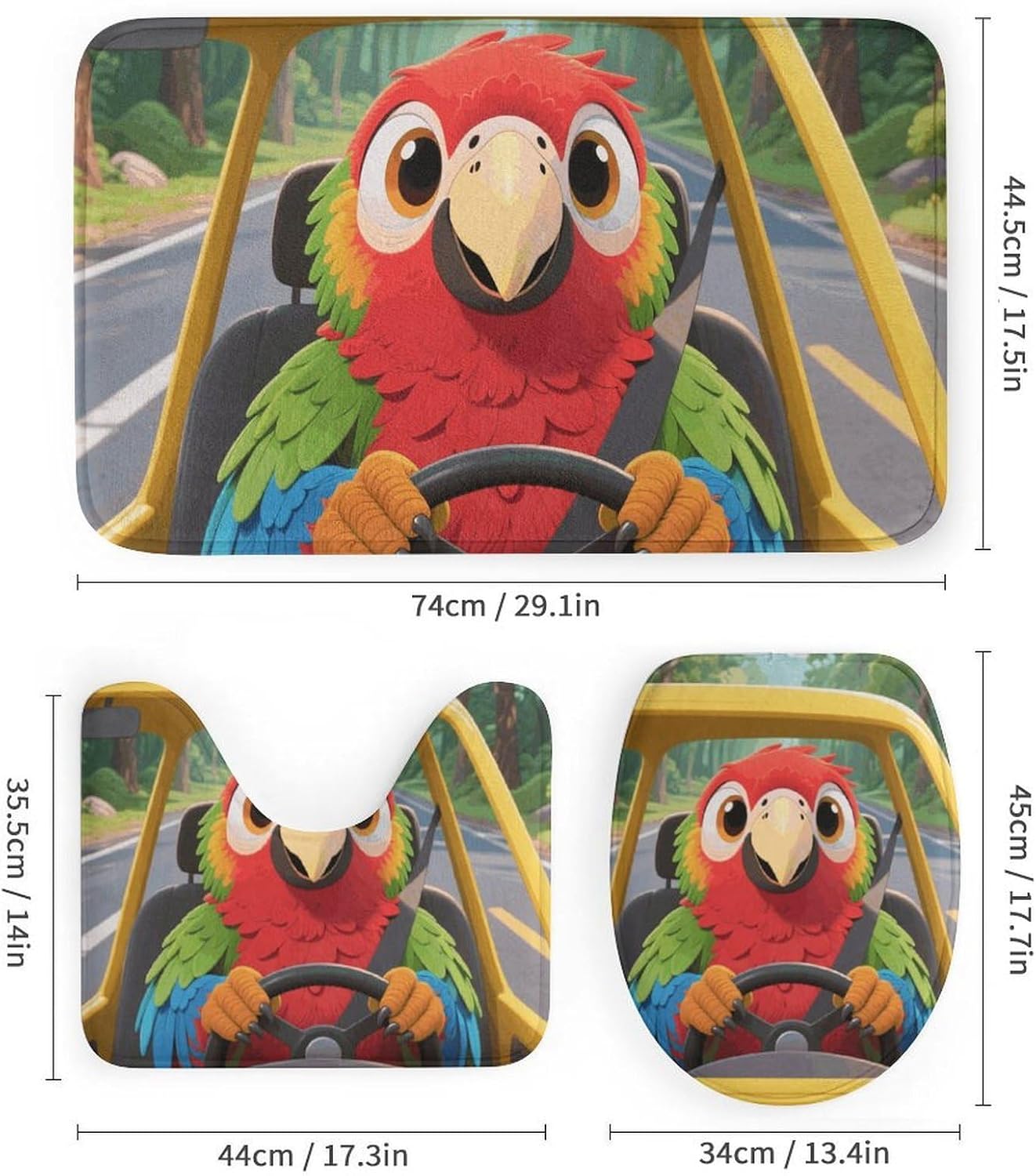 Parrot Drives Shower Curtain Set 4 Piece, Non-Slip Bath Mat with Toilet Lid Cover and Waterproof Shower Curtain with 12 Hooks, Complete Bathroom Set for Home Decor