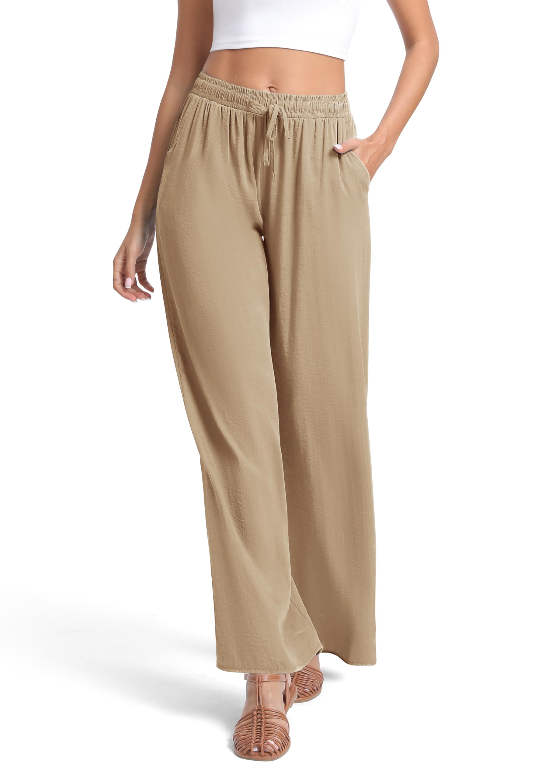 Urban CoCoWomen's Elastic Waist Drawstring Casual Pants Straight Leg Lightweight Loose Trousers with Pockets