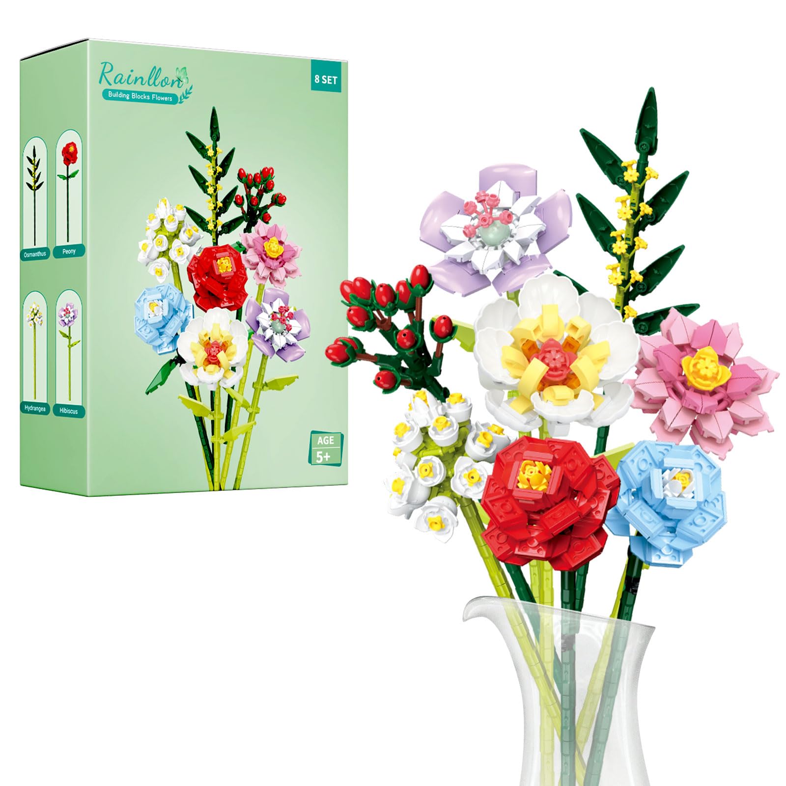 Ramo de flores, 8 juegos de flores artificiales, construcción de flores para adultos, 643 piezas, juego de flores y plantas, creador de flores, decoración de dormitorio y accesorio de oficina, regalo