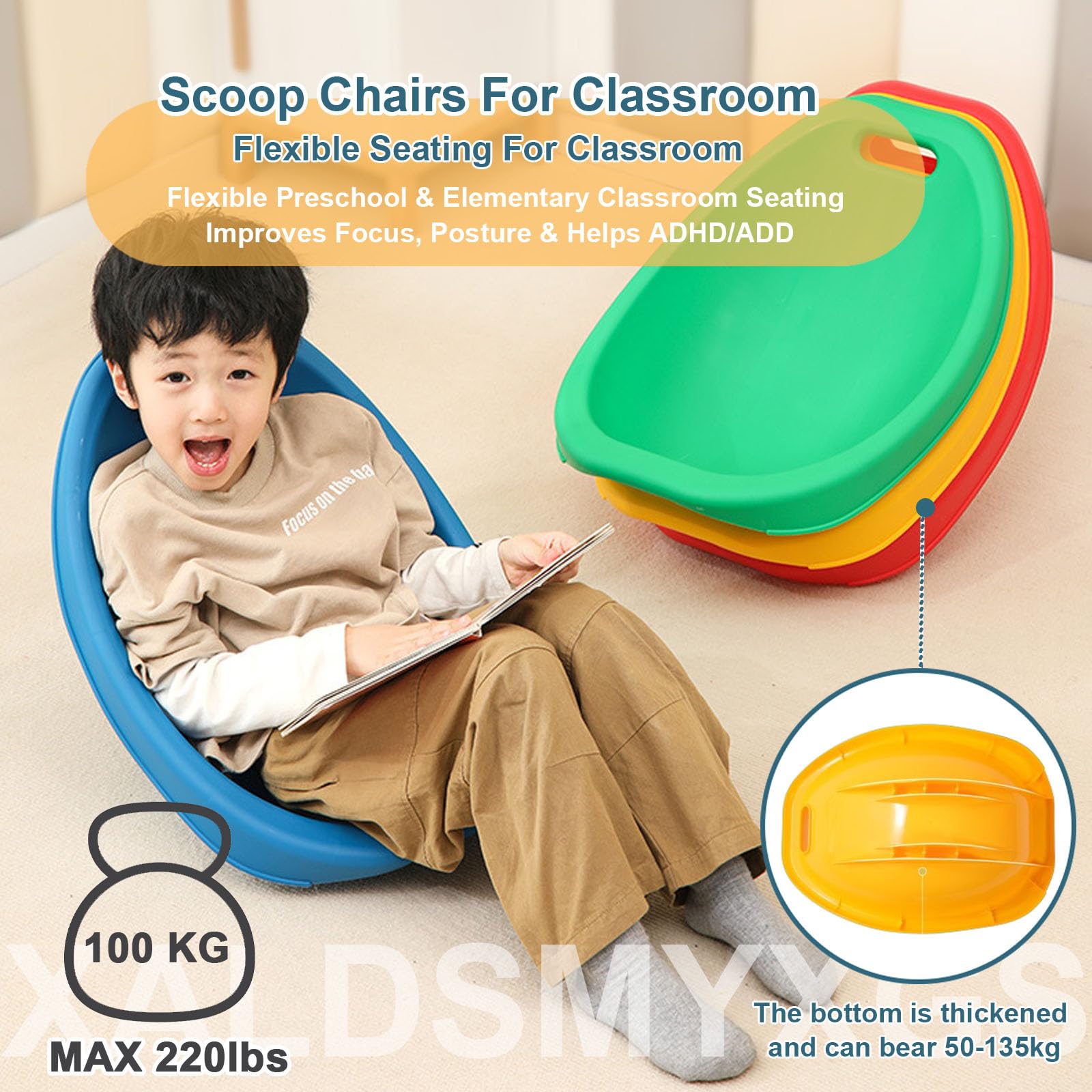 Générique Chaise à Bascule Scoop pour Salle de Classe, Chaise de Sol en Plastique pour Enfants, Chaise de Lecture avec Support Dorsal, siège de Classe Flexible, Chaise sensorielle à Bascule,Jaune