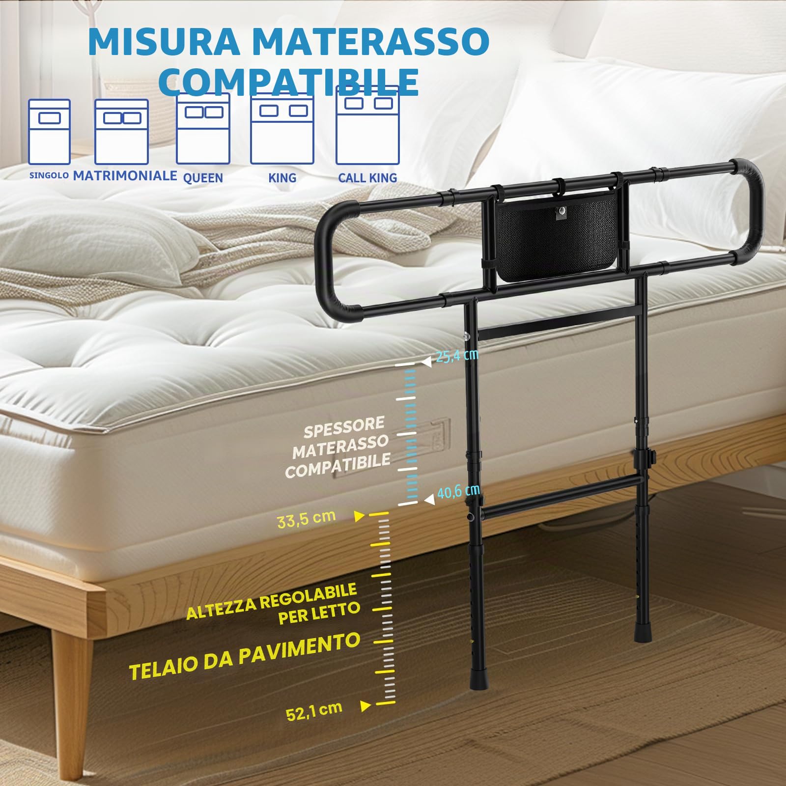 FORTEMOTUS Sponde Letto Anziani, Barriere per Letto Adulti Regolabile in Altezza Gambe, con Borsa, Maniglia di Sicurezza Supporto Alzarsi Disabili, L (Spessore Materasso 25-40 cm)
