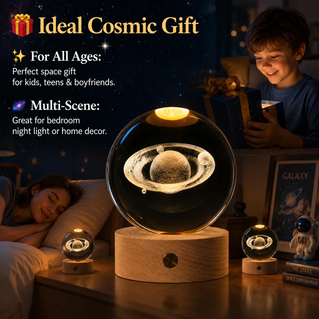 Lampada Sfera di Cristallo Saturno 3D (8cm) – Luce Notturna LED Multicolor con Base in Legno Massello e Batteria Ricaricabile USB, Sfera in Vetro K9 per Decorazioni Casa, Camera e Regalo Astronomia