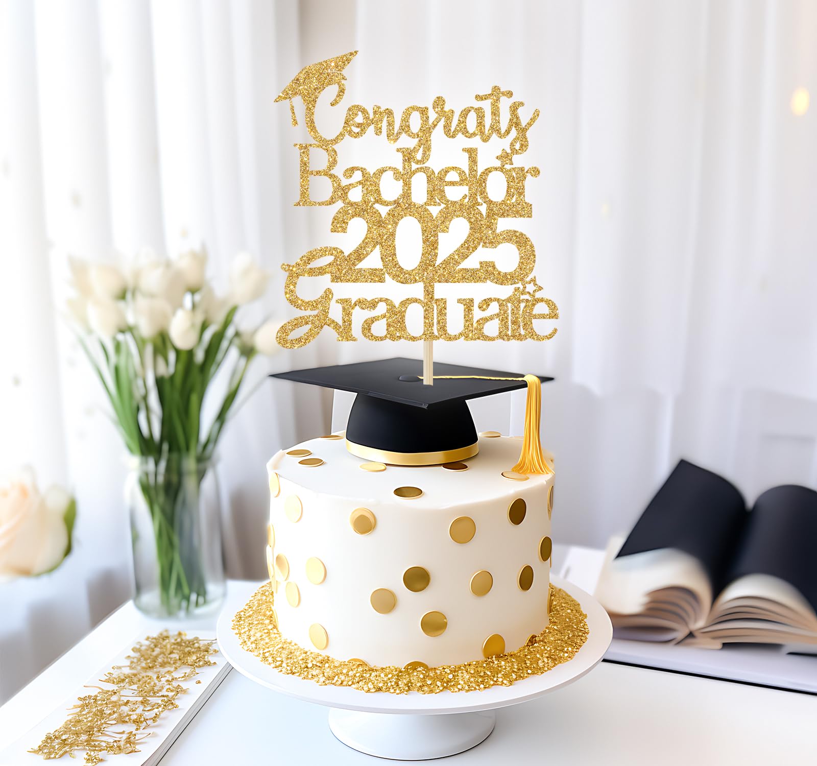 Congrats Bachelor Degree Cake Topper - Gold Glitter Graduation Party Decorations 2025