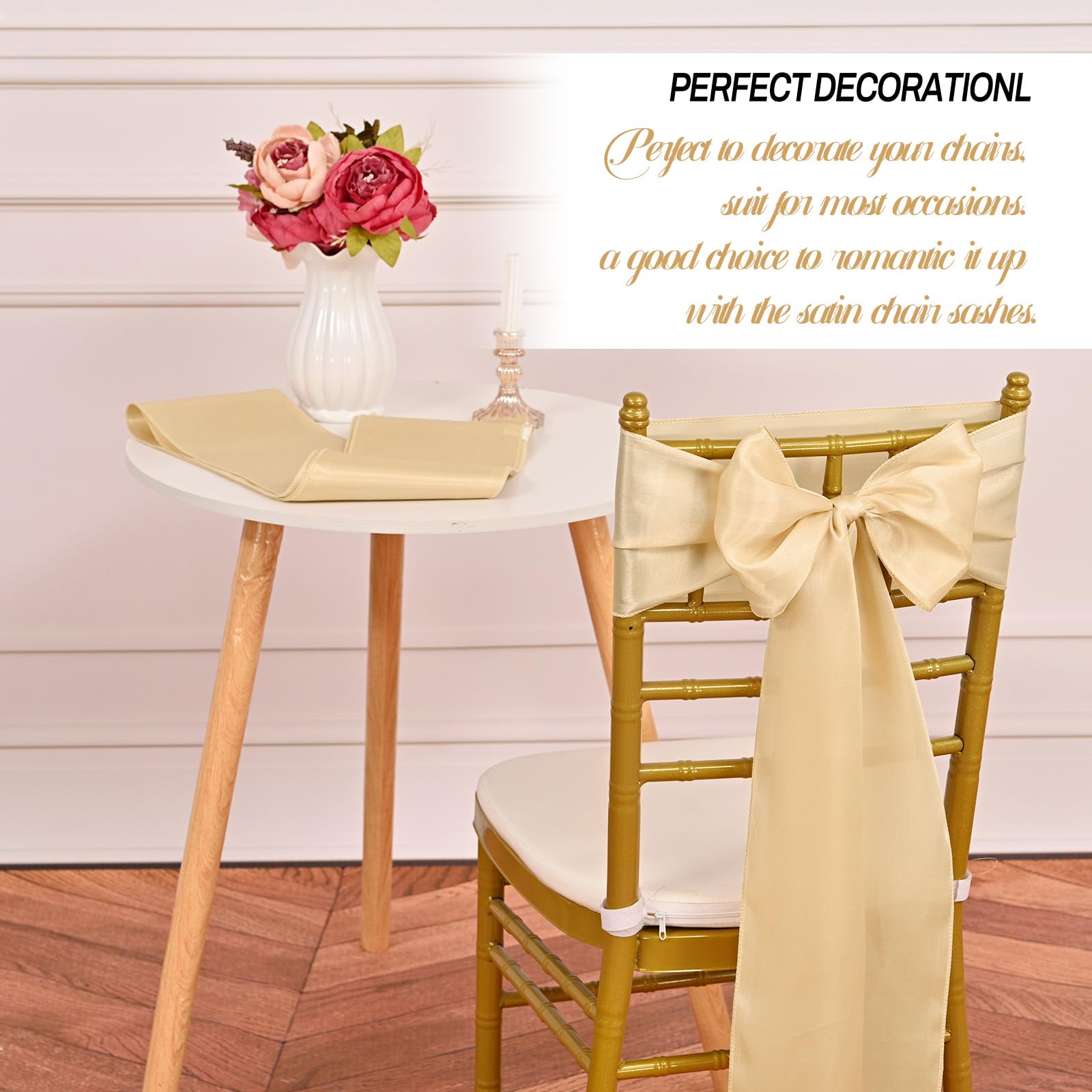 Pesonlook 100 Stück Champagner Gold Satin Stuhlschärpen Stuhl Dekorative Schleife Entworfene 17 x 275 cm Stuhlschärpen Schleife Krawattenband für Hochzeit Party Hoteldekoration (Champagner Gold)
