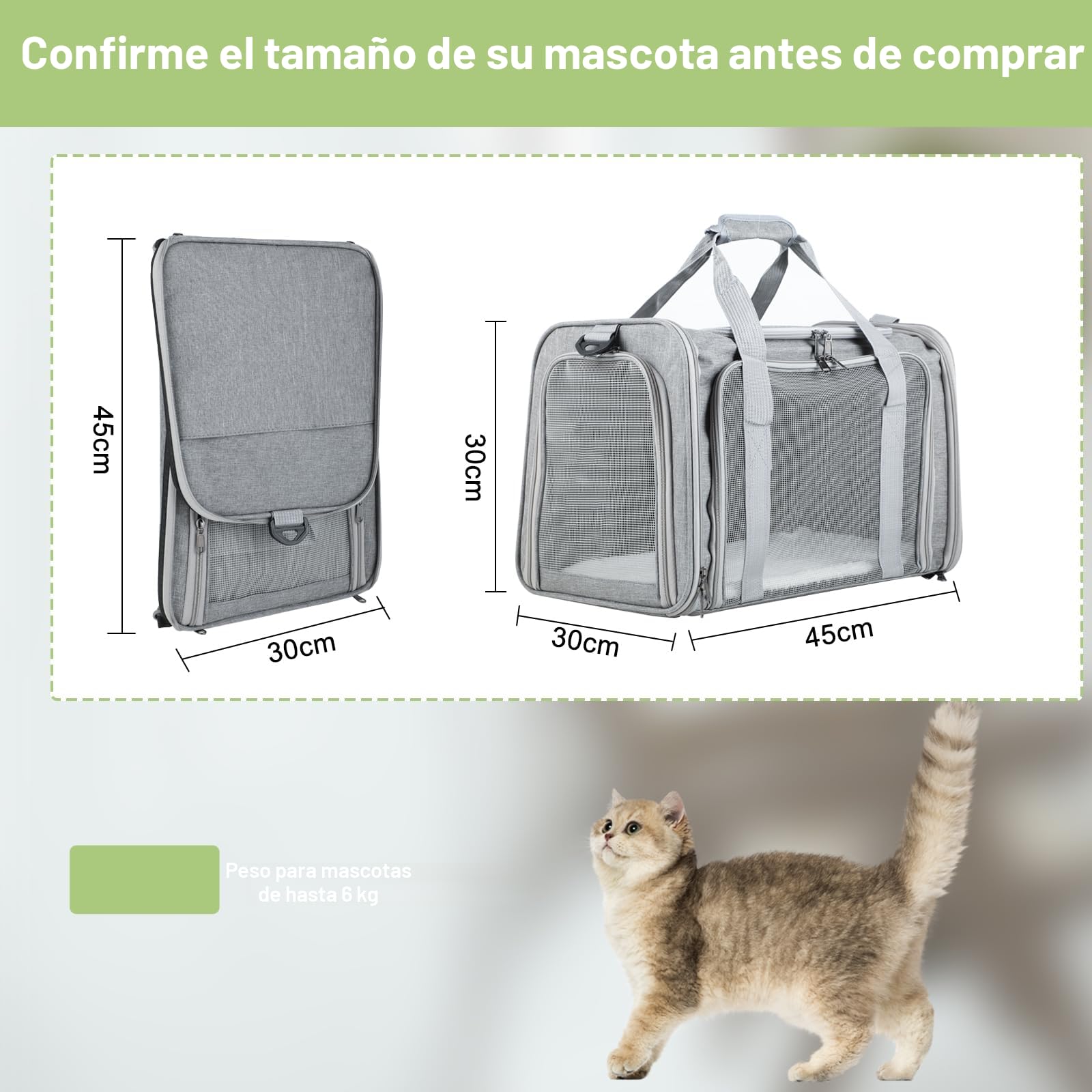 Transportín Perro Plegable – Bolso Gato Transpirable – Bolso Perro Pequeño con Correa para Viajes y Coche (Gris)