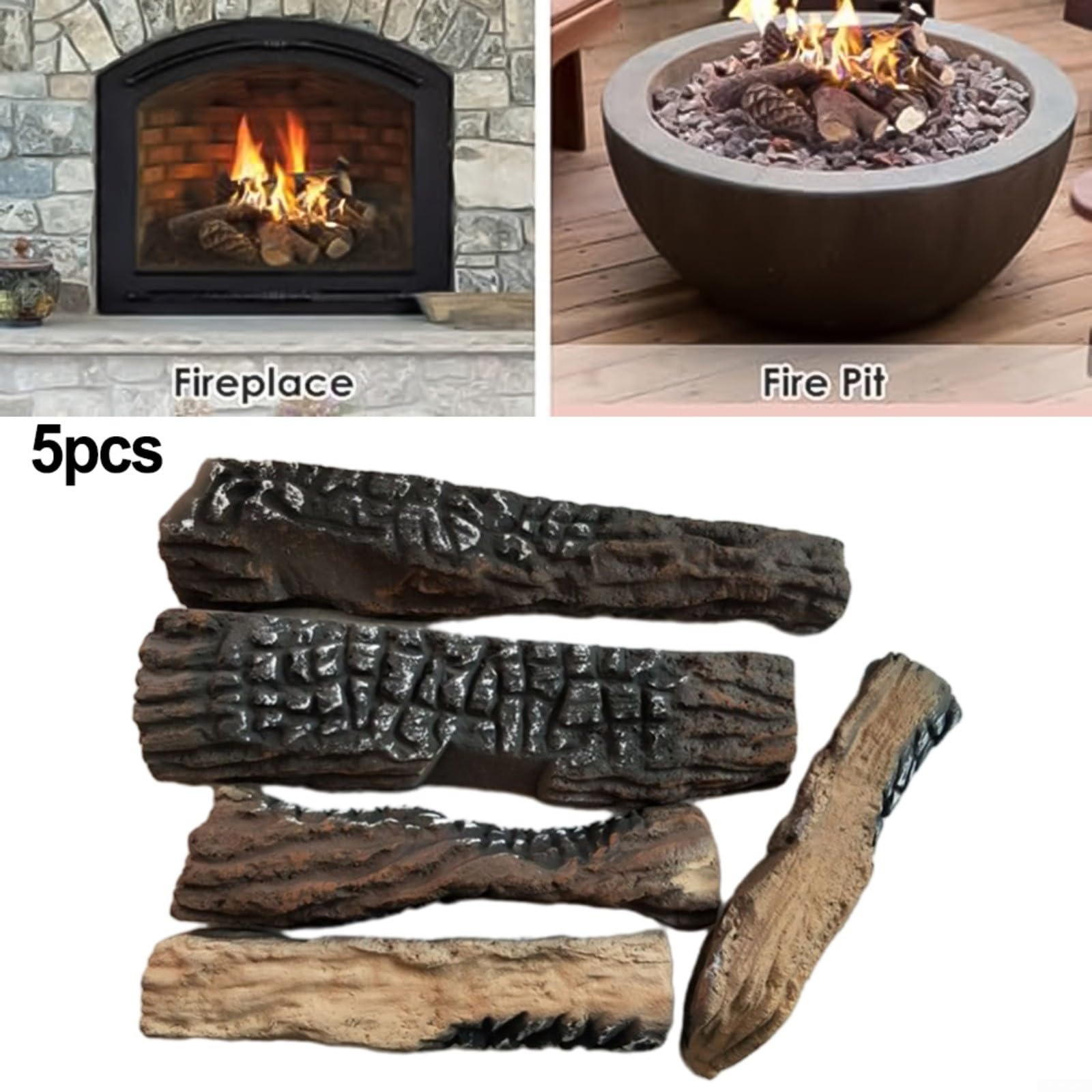 Lot de 5 grandes bûches de bois décoratives pour cheminée à gaz, en céramique, compatible avec les cheminées au bioéthanol, texture naturelle, bûches légères