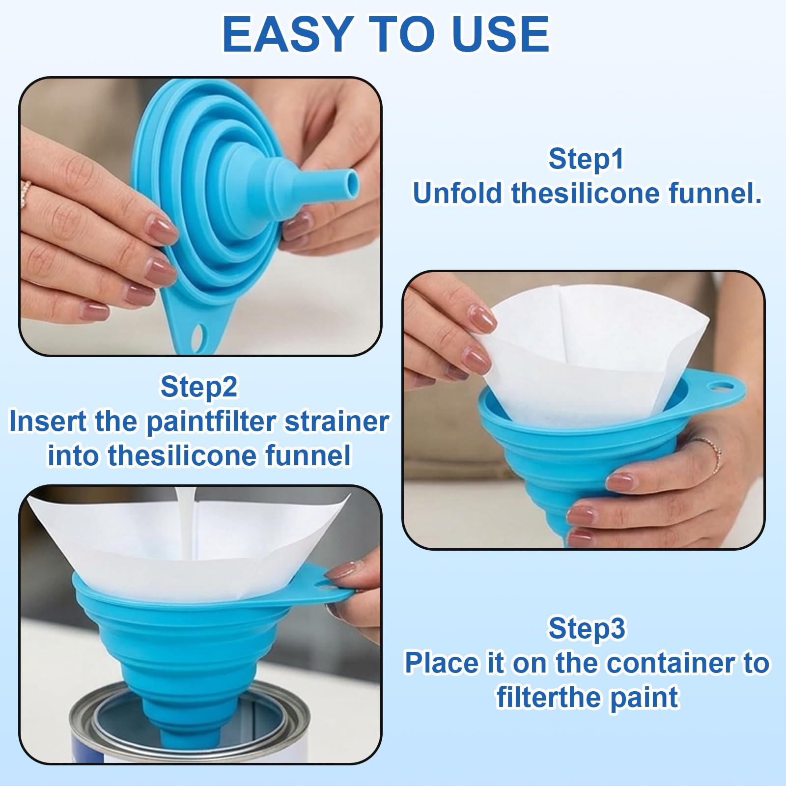 Paint Filters Strainers - 54 Piece 100 Mesh Paint Filter with Silicone Funnel & Stirrers - Includes Paint Filter, Paint Strainer, Funnel and Stir Sticks for Automotive, Art, & DIY Painting ﻿ — view 4