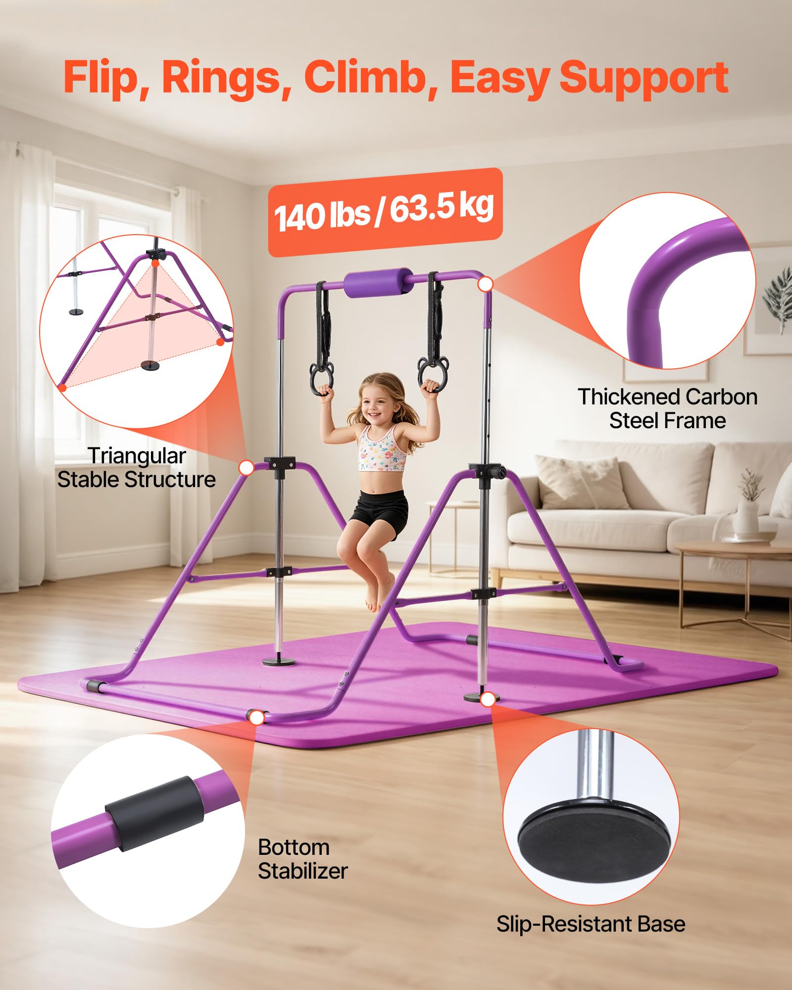 VEVOR Barra da Ginnastica per Bambini, Barra da Ginnastica Carico 63,5 kg Struttura Pieghevole con Tappetino Altezza Regolabile Allenamento Esercizio a Casa, Acciaio al Carbonio Nylon, Colore Viola