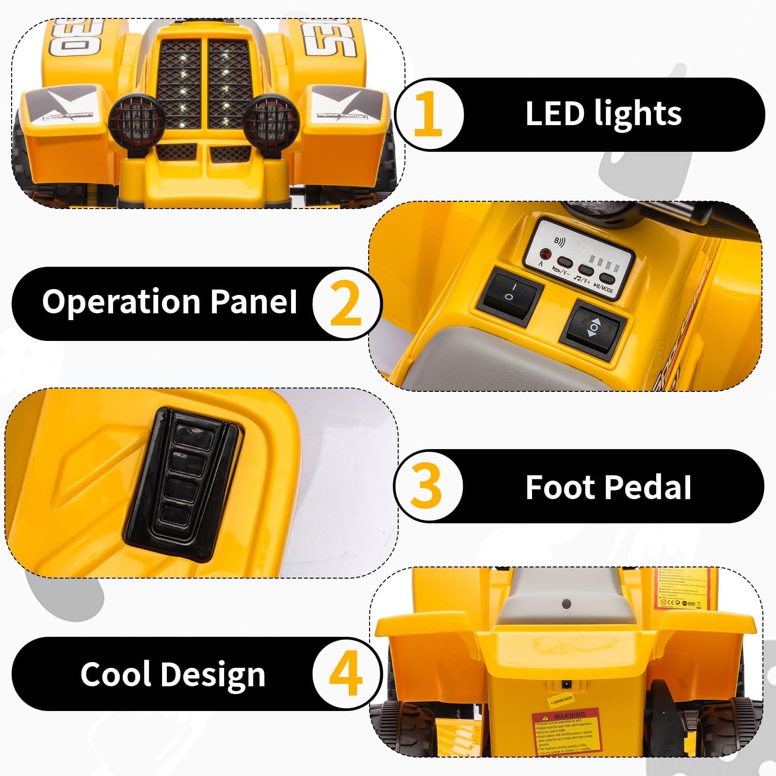 Quad Electrico Niño de 6 V con Luces LED, Música y Bocina, Quad Niño con Marcha Adelante y Atrás a Partir de 3 Años, Amarillo