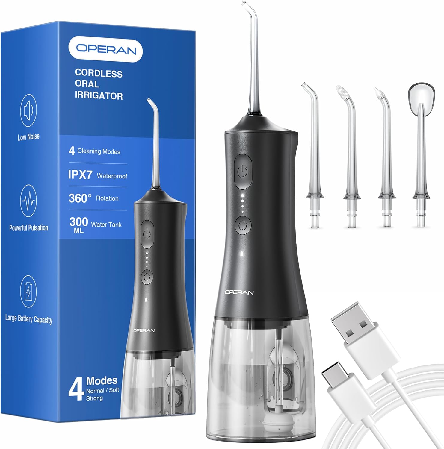 Operan Water Picks for Teeth Cleaning and Flossing, 4 Modes Travel Water Flosser Kit with 4 Tips, 300ML Portable Water Flossers for Teeth, Cordless Water Flosser for Braces Care, Black, 1Pack