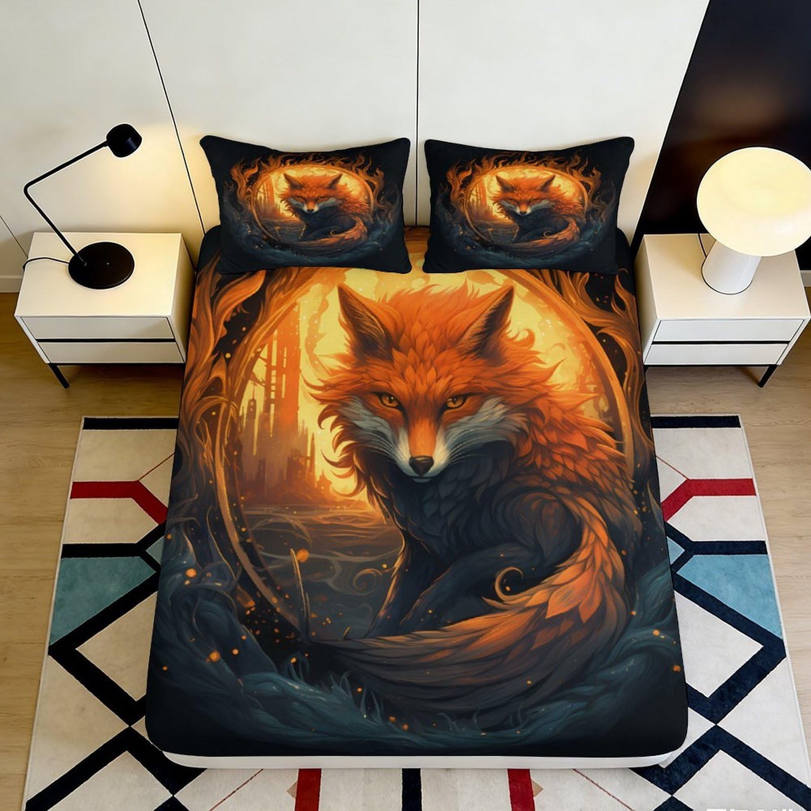 3D Printed Fox Pattern Fitted Sheet Microfiber Soft Breathable Sunset Forest Bed Cover for Bedroom Dormitory Guest Room Mattress Protection 140x200x25cm