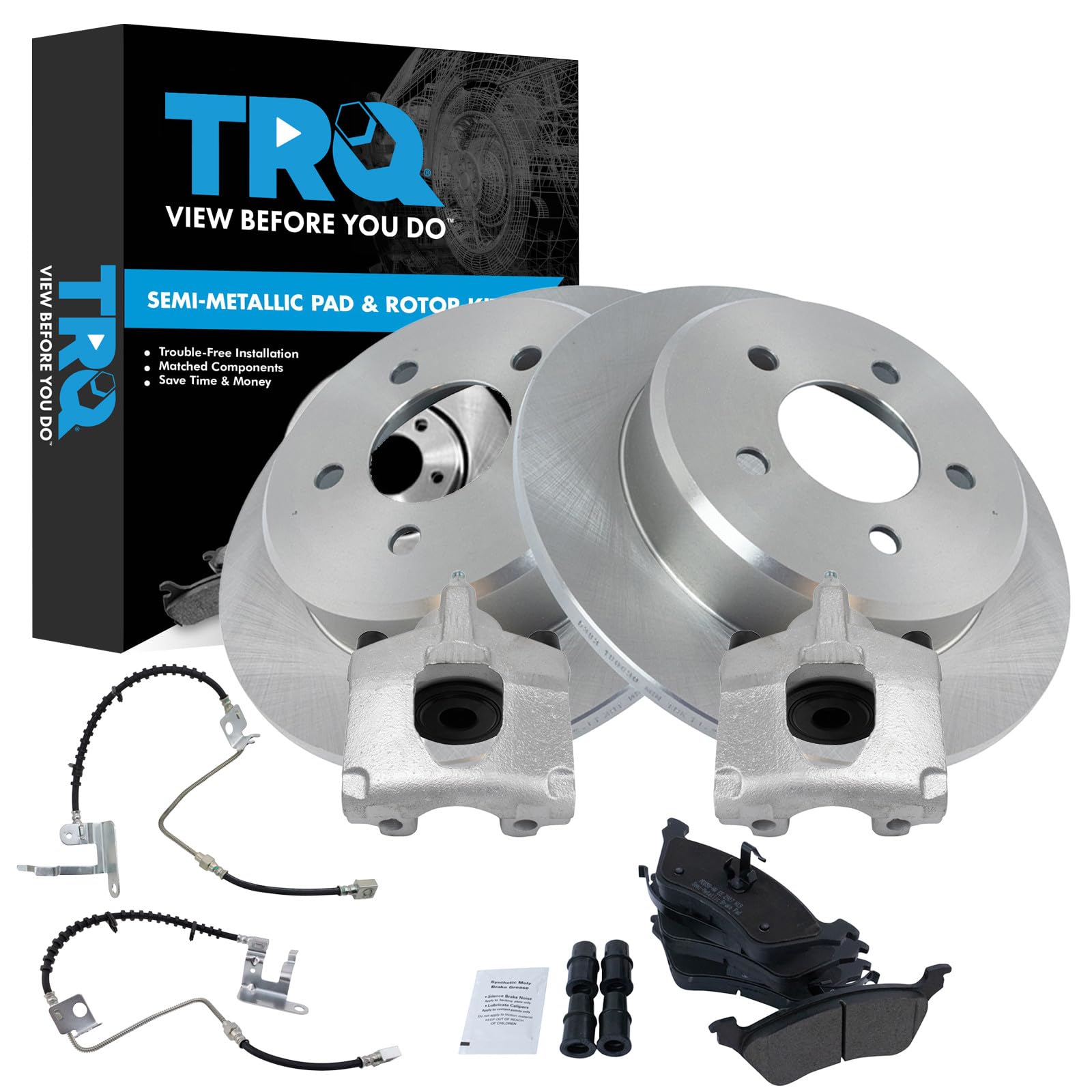 TRQ Rear Brake Pad and Rotor Set Semi Metallic Rotors Calipers Compatible with 2006-2007 Chrysler Town &amp; Country Grand Caravan