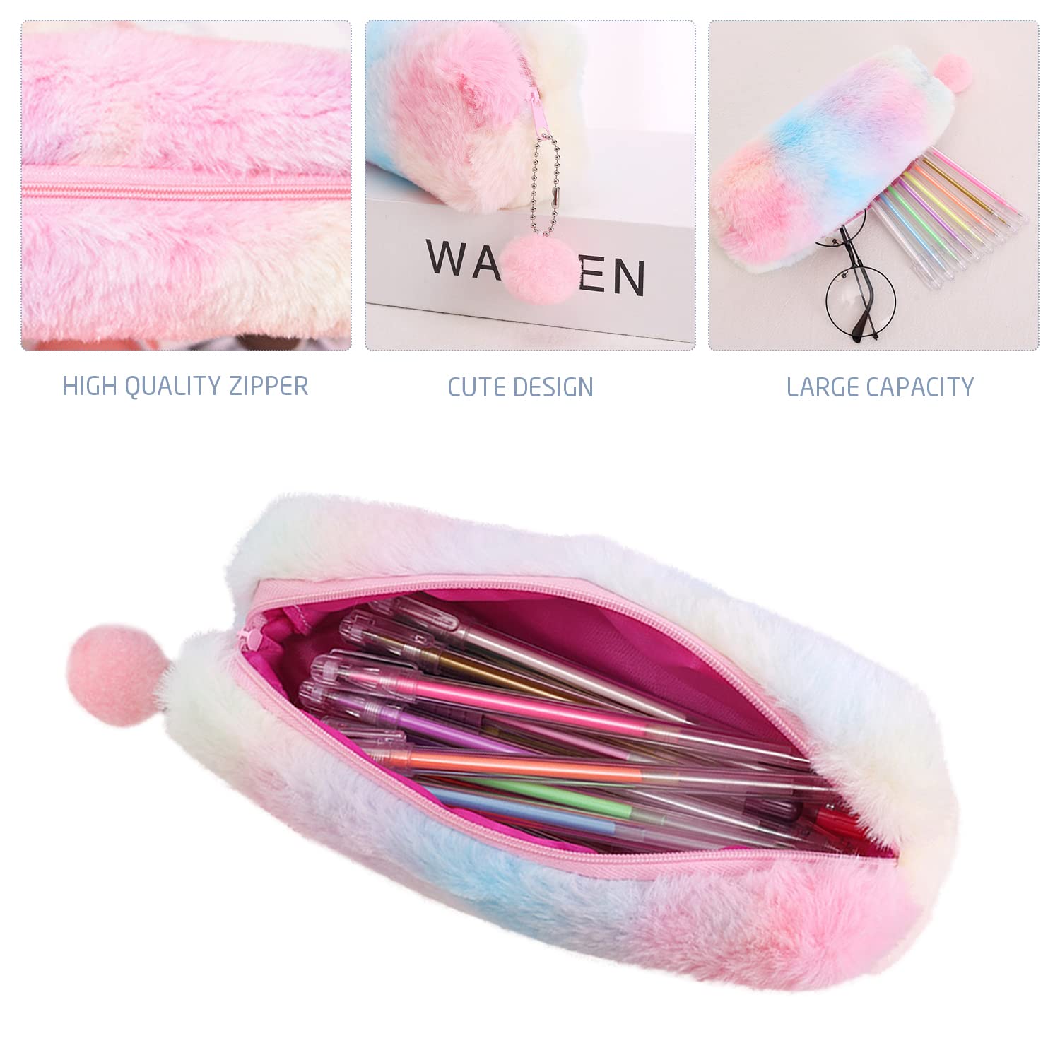 TIANNAIT 2 Plush Pencil Cases, Cute Rainbow Pencil Case, Soft Pencil Bag?Large Capacity Stationery Storage Bag - Image 3